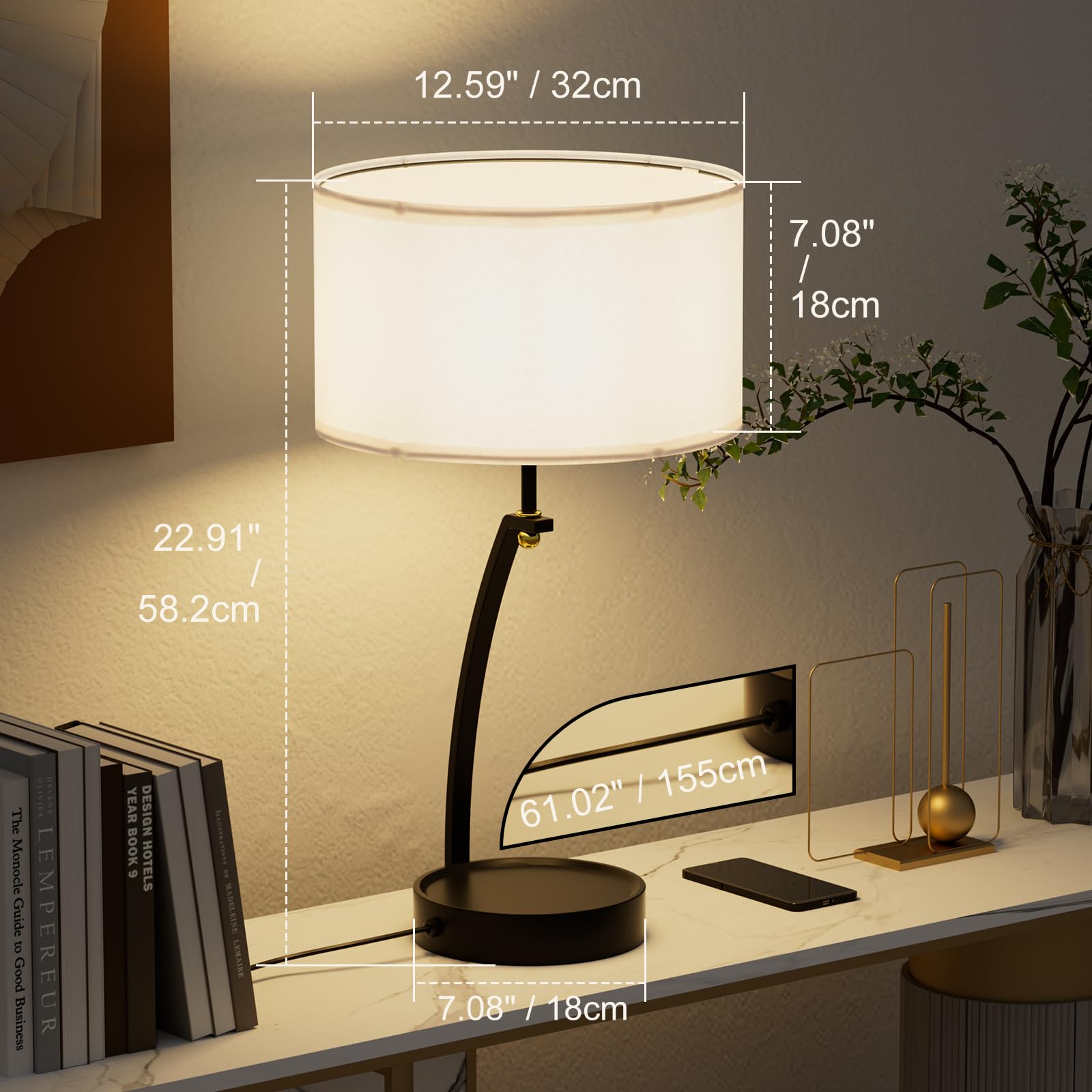 Hymela C07-3 Bedside Table Lamp - 3-Way Dimmable Touch Lamps For Bedroom, Black Nightstand Lamp With Usb C+A Charging Ports, Simple Modern Side Lamps For Living Room, Entryway, Hallway, Bulb Included