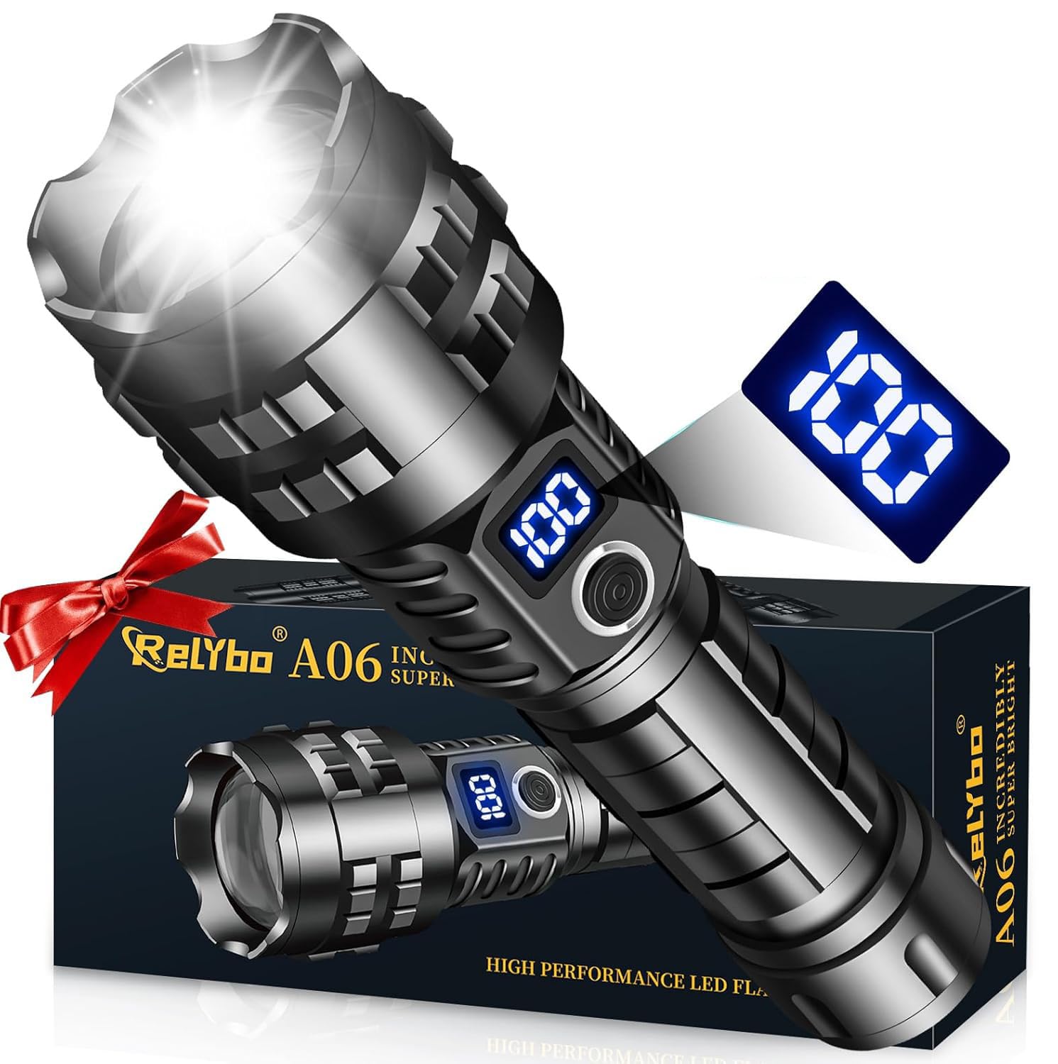 Relybo Rechargeable Led Flashlights High Lumens, 900,000 Lumens Tactical Flashlights, Super Bright High Powered Flash Light 5 Modes & 12H Long Runtime For Emergencies, Camping, Dog Walking