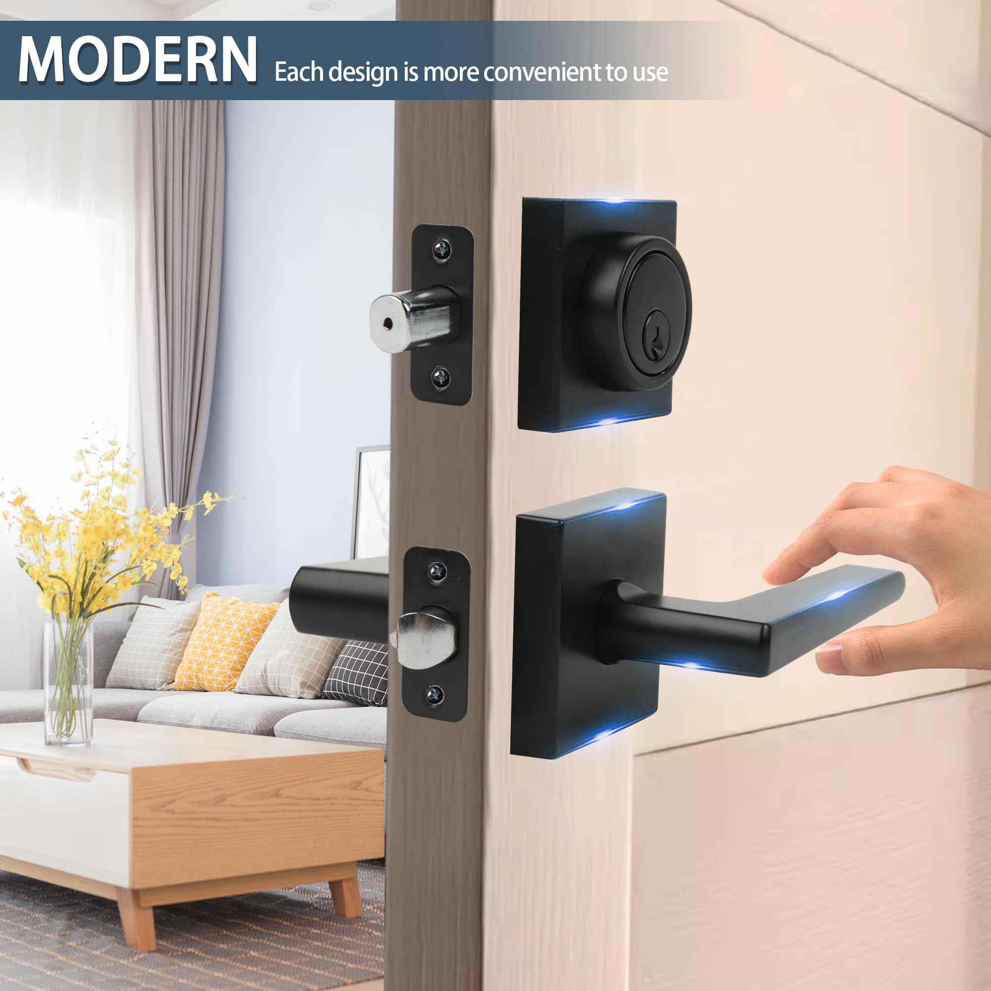 Jesstti Door Lock Set With Deadbolt, Square Deadbolt Lock And Door Knob Set, Heavy Duty Entry Door Handle, Matte Black, 3Pack