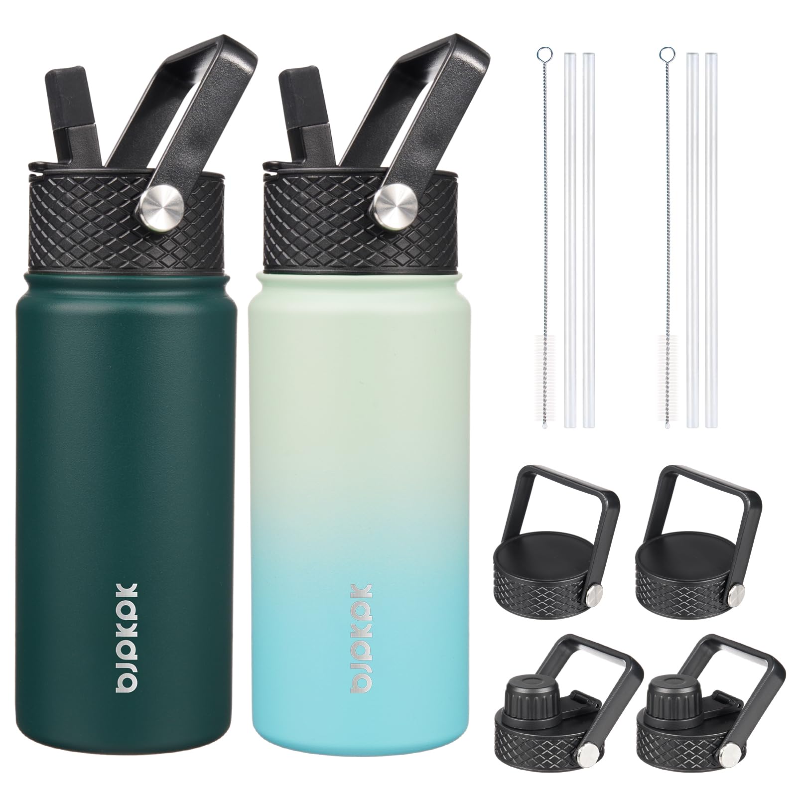 Bjpkpk 2 Pack Insulated Water Bottles With Straw Lids, 18Oz Stainless Steel Metal Water Bottle