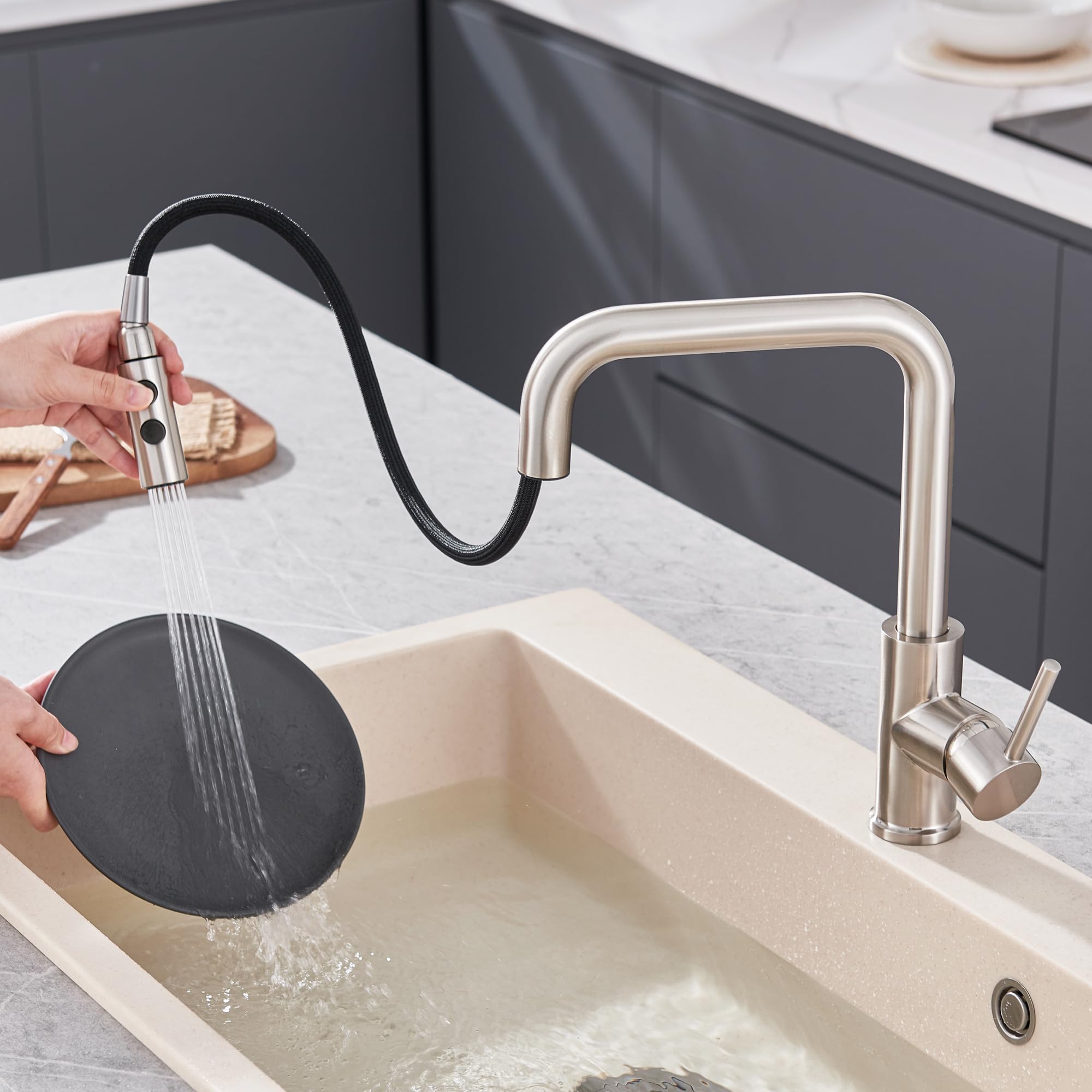 Tioriy Metal Kitchen Faucet Head Replacement, Pull Down Spray Head With 15 Adapters, 2 Function Kitchen Sink Spray Nozzle, Stainless Steel, Brushed Nickel