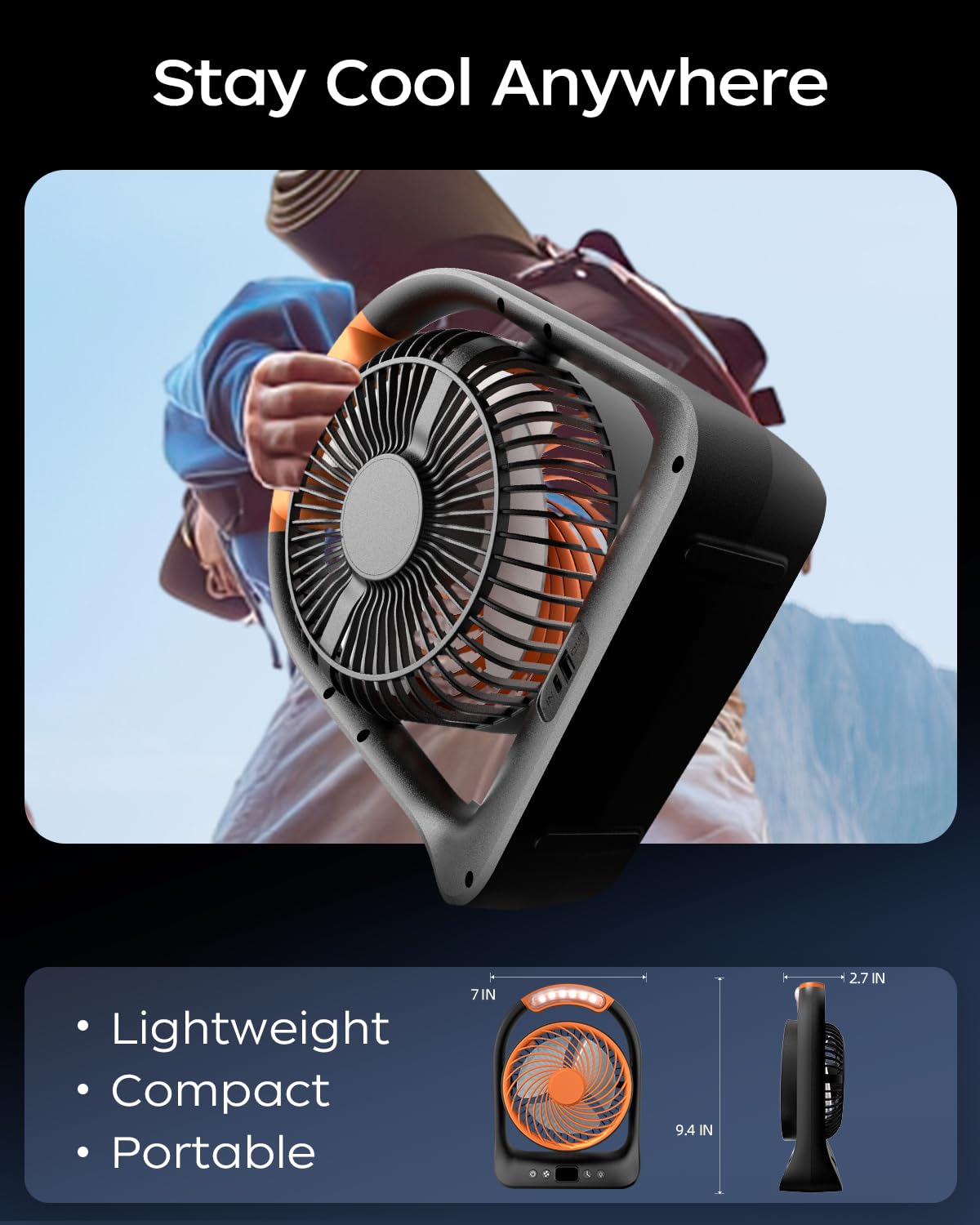 Frsara 6" Rechargeable Camping Fan, Battery Operated Small Portable Fan With 3 Speeds & 6H Runtime