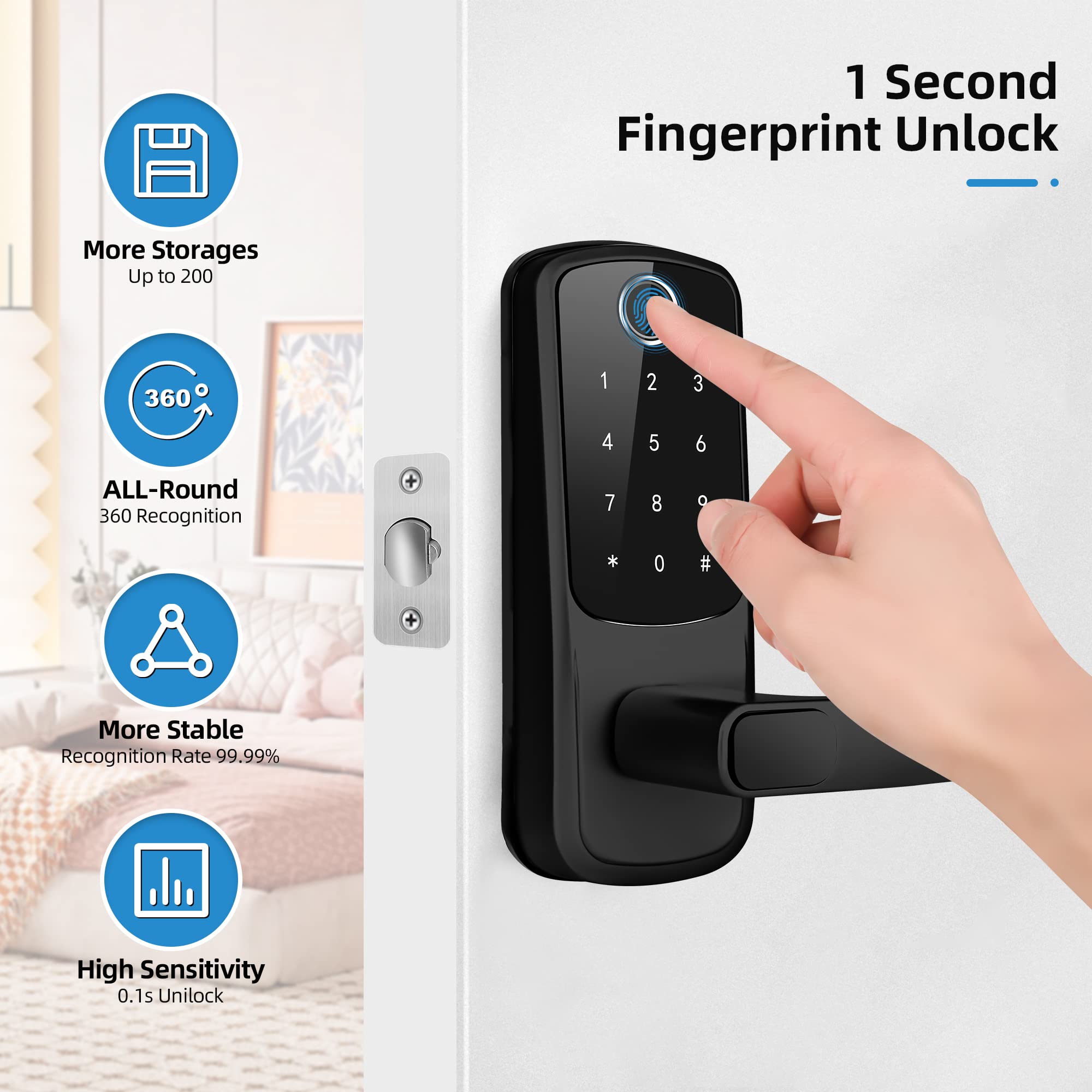 Lorvibo Smart Keyless Entry Door Lock, Fingerprint & Password, Black, 8,000 Unlocks