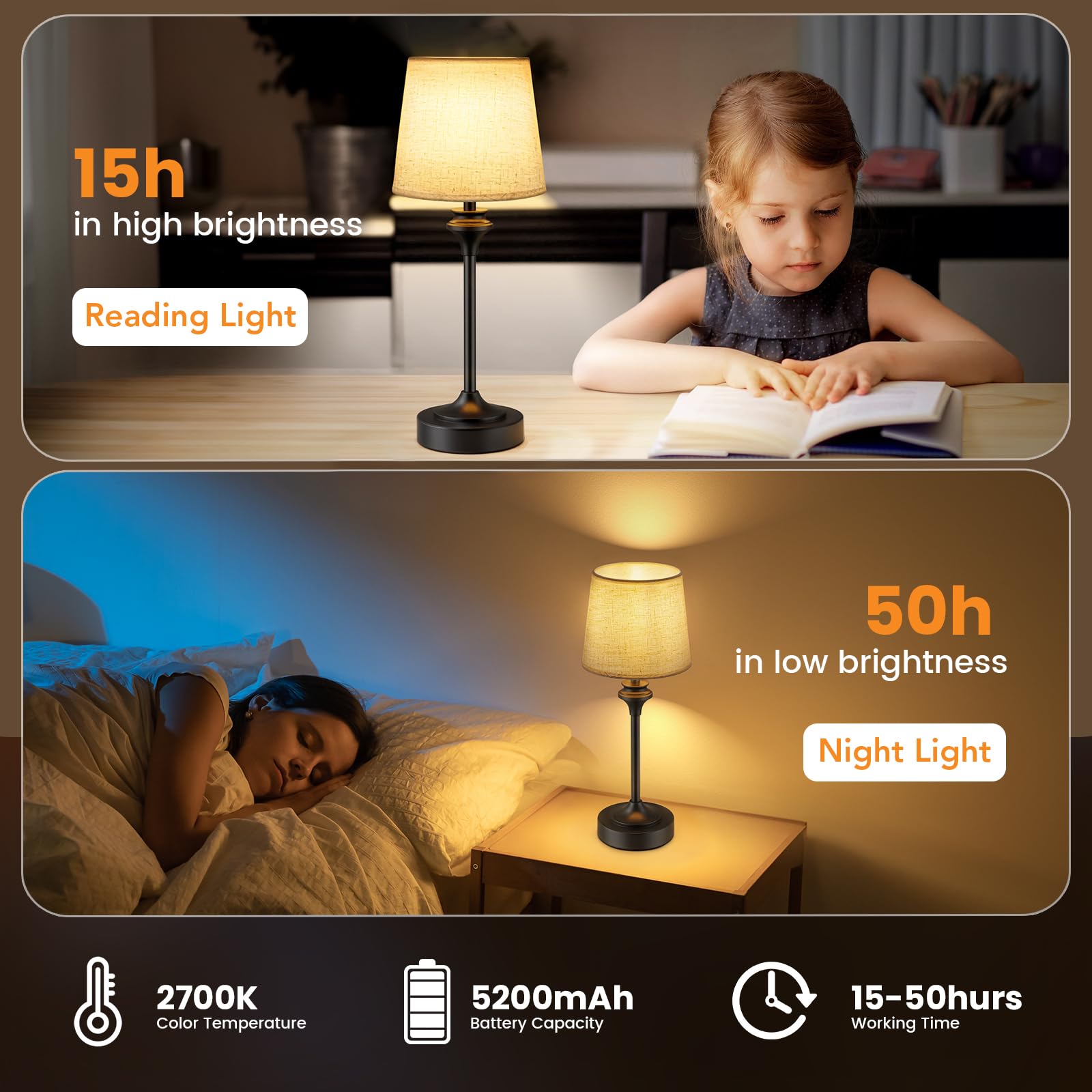 Niorsun Portables Cordless Table Lamp Set Of 2,Flaxen Fabric Shade Battery Operated Lamp, Bedside Table Lamp With Warm White,3 Way Dimmable Touch Desk Lamp For Bedroom Living Room Restaurant (Black)