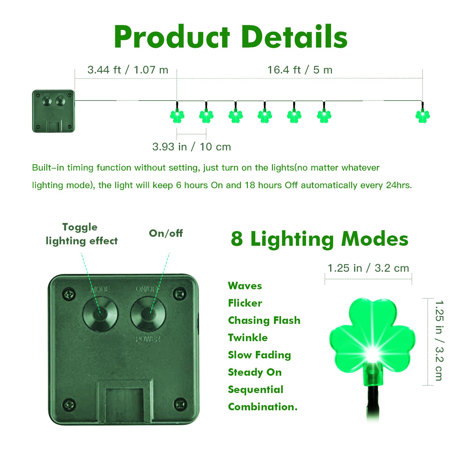 Behiller Green Shamrock Solar Garden String Lights For St. Patricks Day Outside Decorations,50Led Solar Shamrock Lights Lucky Irish Day  Decor,Solar Pathway Lights For Yard Home Spring Decor