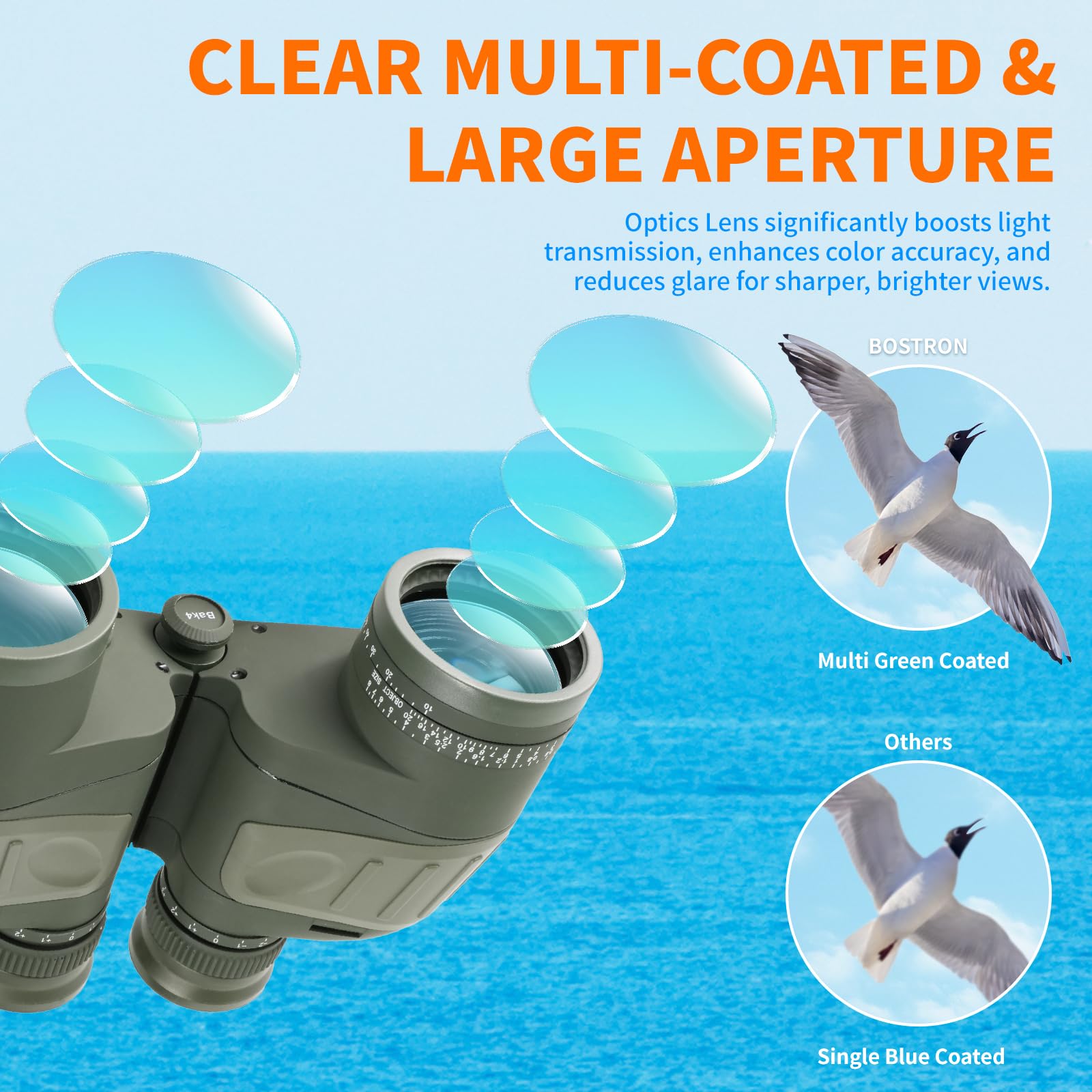 Bostron 10X50 Marine Binoculars With Compass Rangefinder,Phone Adapter,Strap,Bak4 Lens,Shockproof Military Ipx7 Floating Waterproof Binoculars For Adults Sailing Boating Hunting Birdwatching