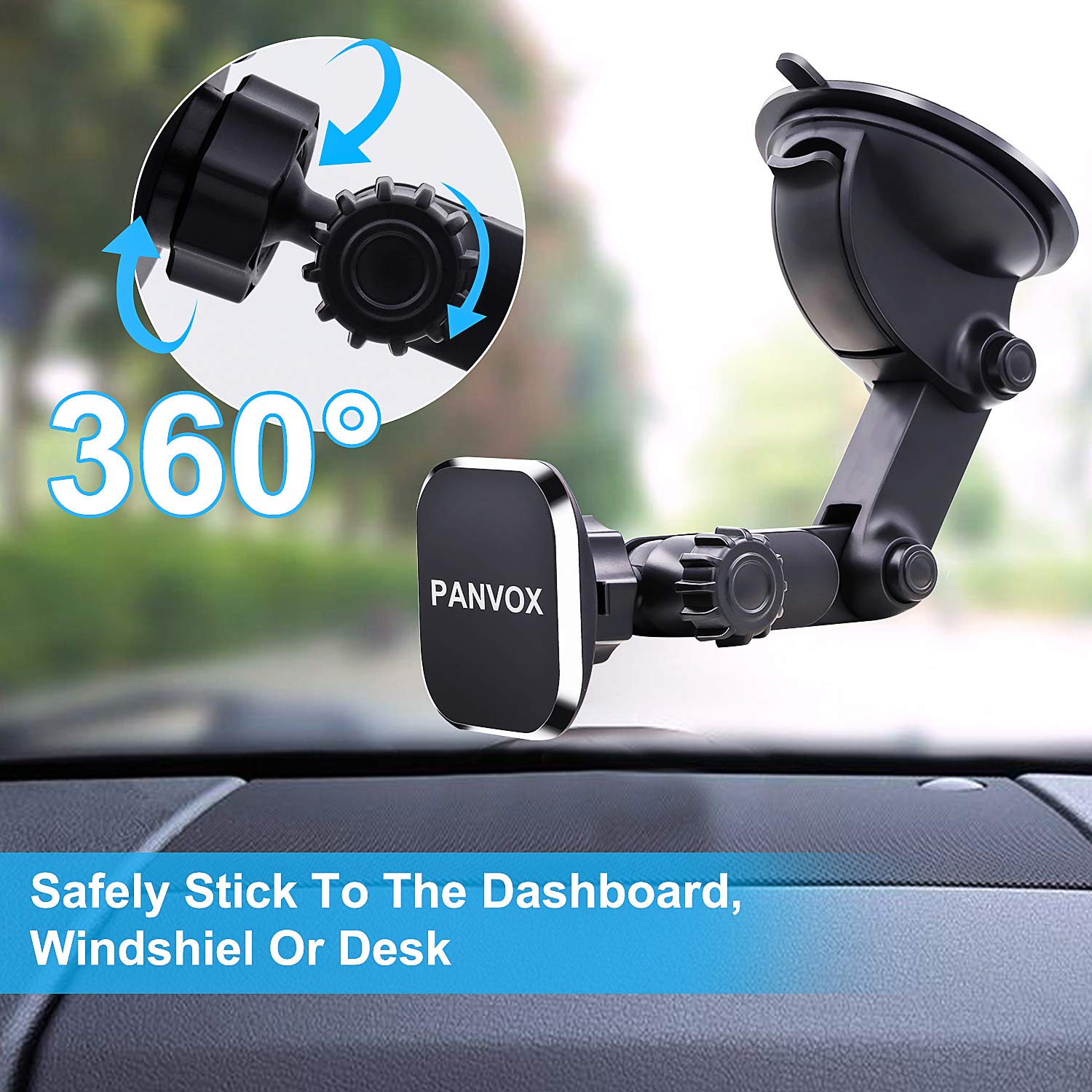 Panvox Magnetic Phone Car Mount, Universal Dashboard Windshield Car Phone Mount Holder With  3.2" Suction Cup,8 Strong Magnets Compatible With Iphone 11 Pro X Xs Max Xr Galaxy Note10 S10 (B)