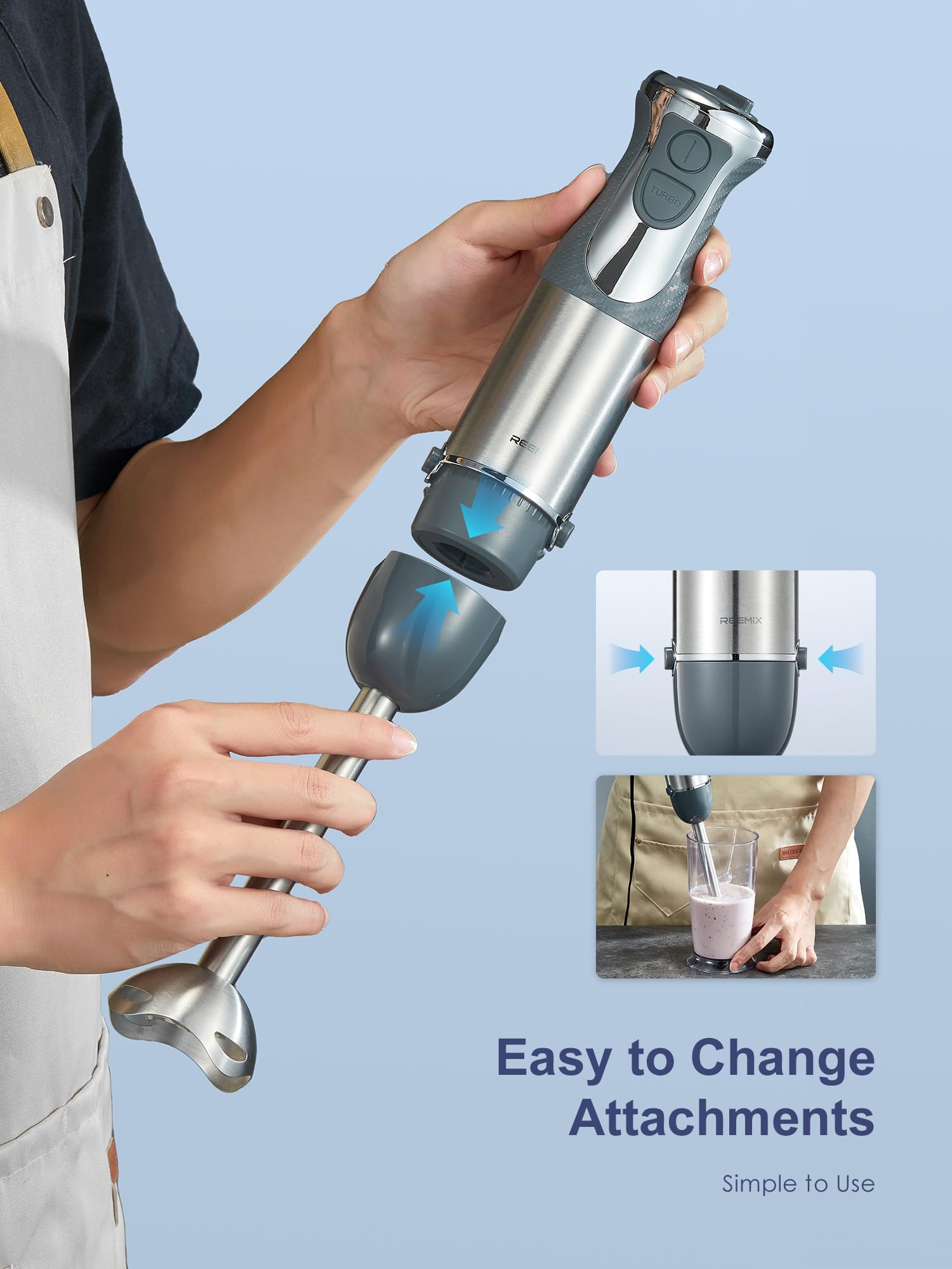 Reemix 5-In-1 Hand Immersion Blender 1000W Handheld Blender With Copper Motor, Stainless Steel Blade, Mixing Beaker, Food Processor, Whisk, Milk Frother For Smoothies, Puree, Baby Food (Gray)
