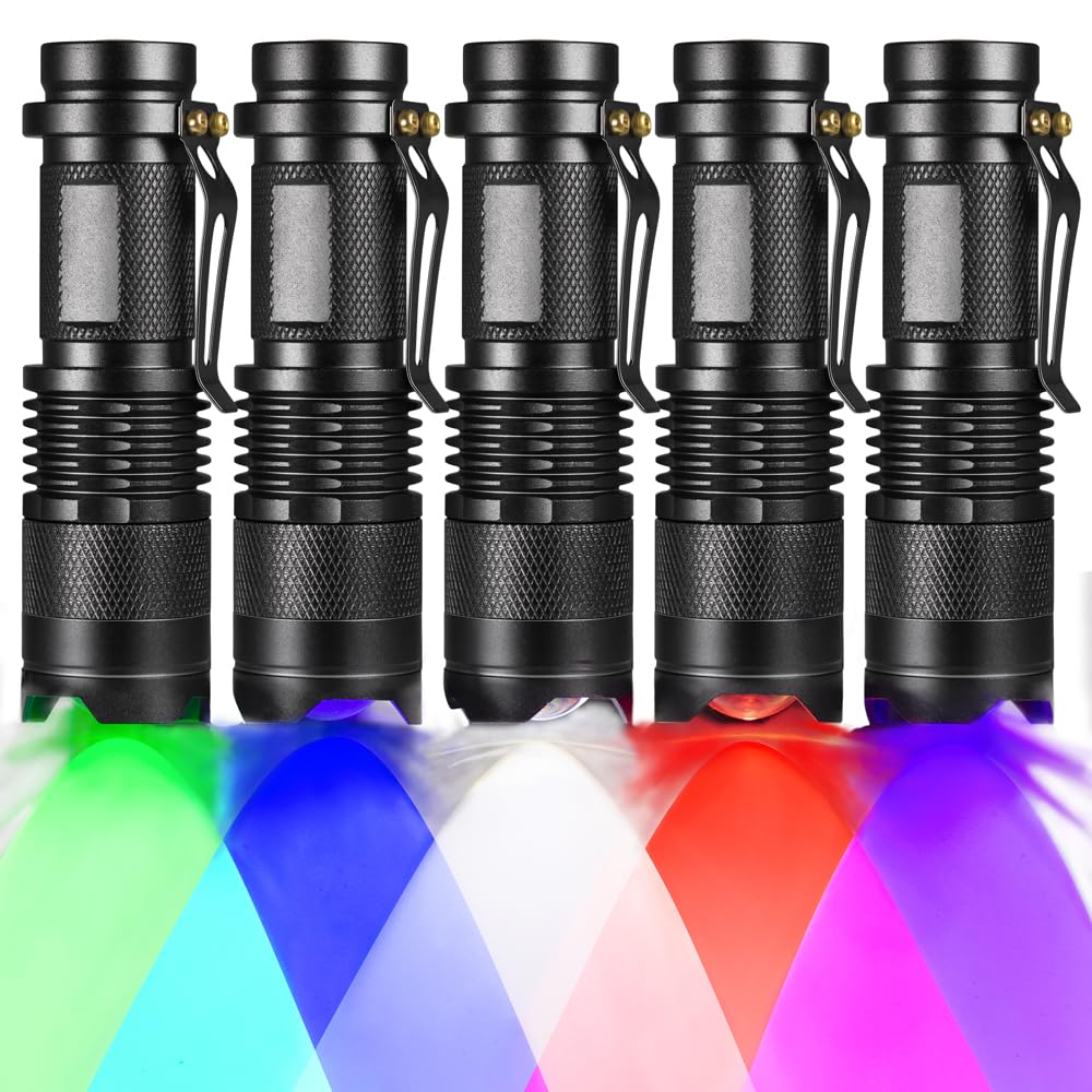 Raysoar 5 Pack Multi-Colored Light Flashlight: Red, Green, Blue, Cool White, Uv Light For Night Activities
