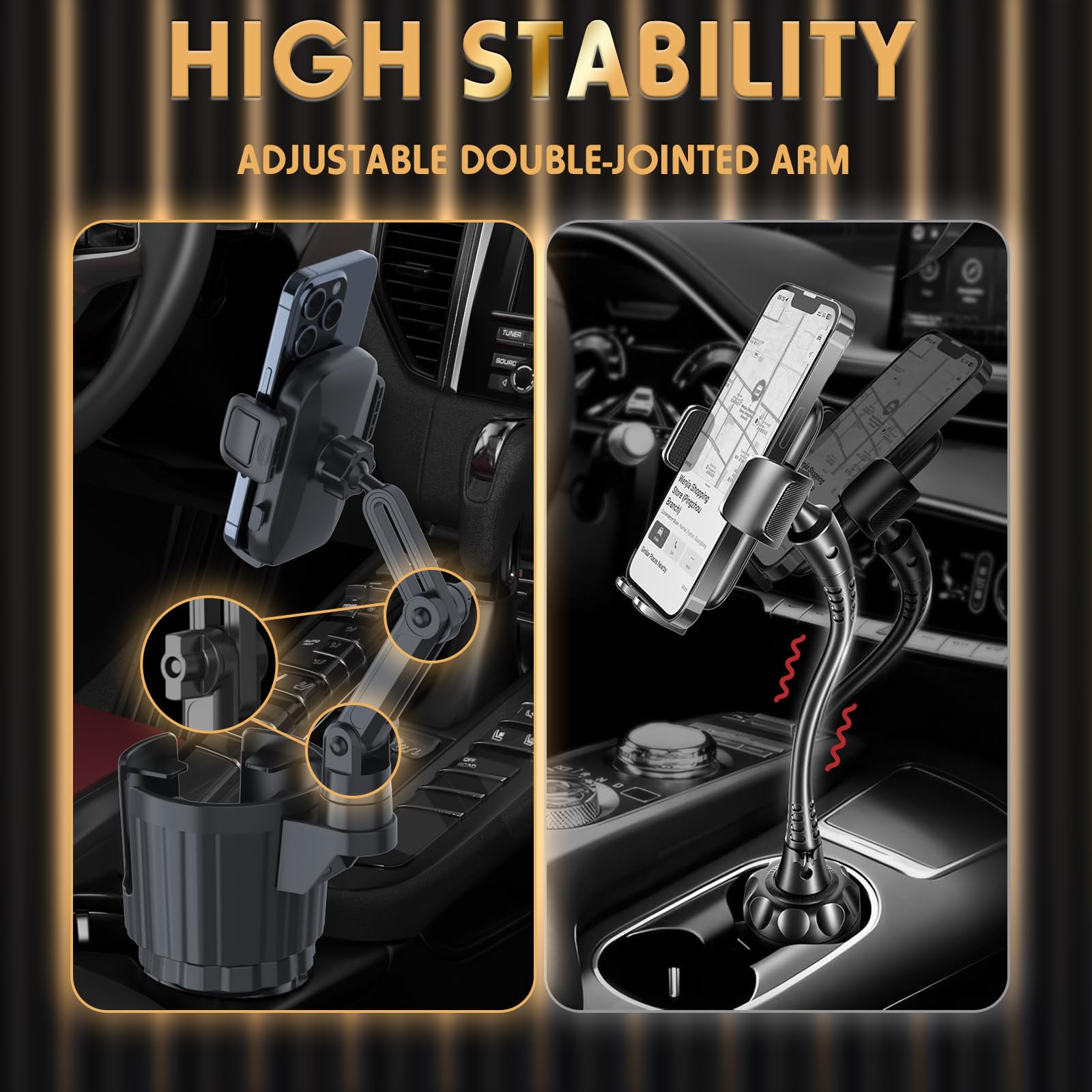 Bokilino Cup Holder Phone Mount, 2 In 1 Universal Cup Holder Expander Adjustable Base With Phone Mount, Long Arm With 360°Rotation Phone Cup Holder For Car Compatible With All Smartphones