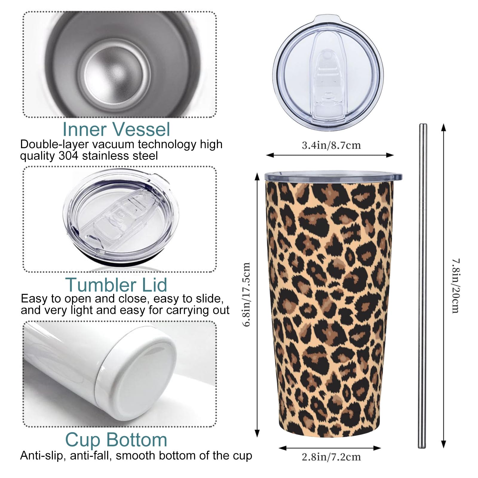 Leopard Print Tumbler, Cheetah Cup With Lid And Straw, 20 Oz Stainless Steel Insulated Water Bottle