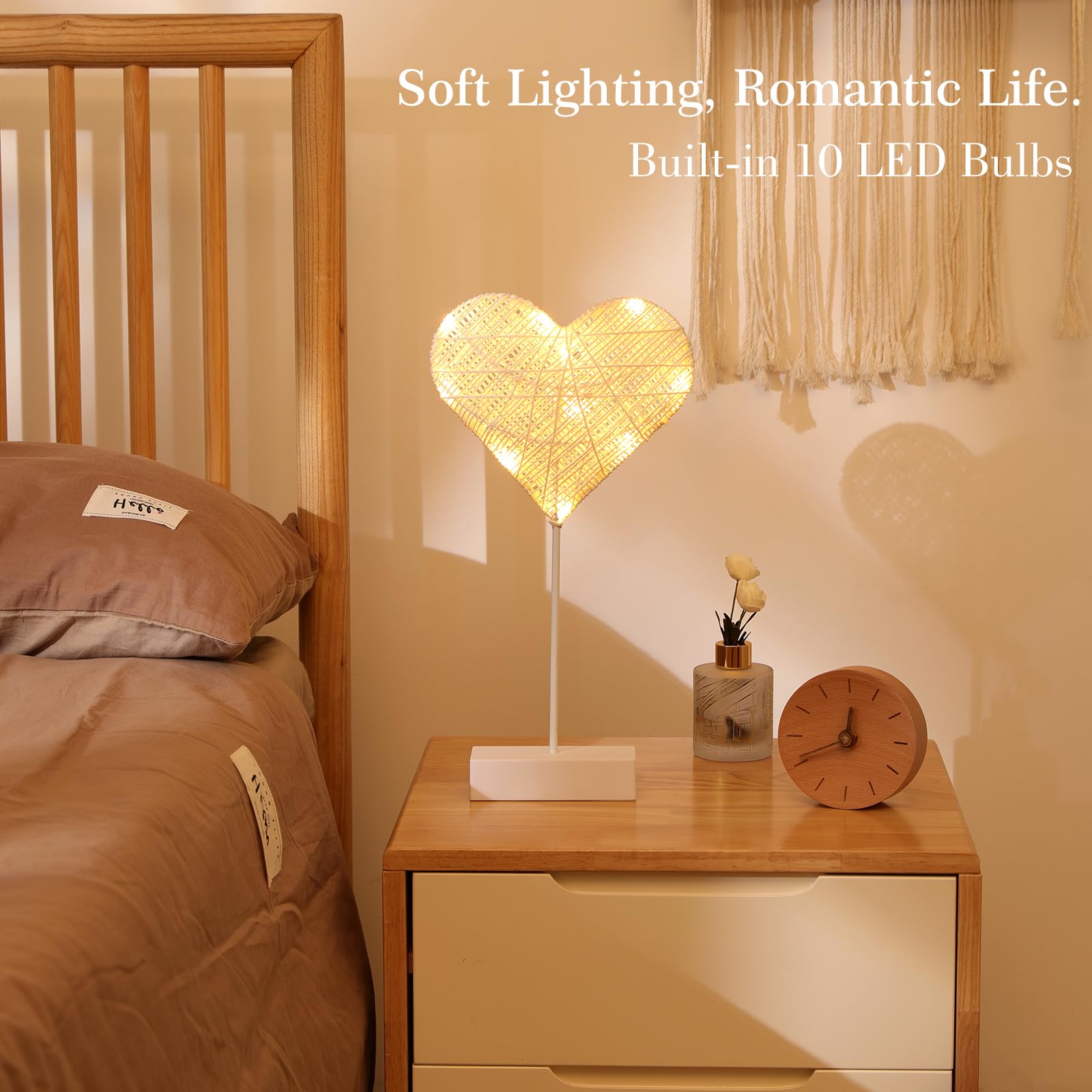 Lewondr Decorative Table Lamp, Heart Led Light Winding Cotton Thread Night Lamp For Bedroom, Battery Powered Desk Lamp For Valentine'S Day Romantic Xmas Home Decorations Bedside Table Lamp, White