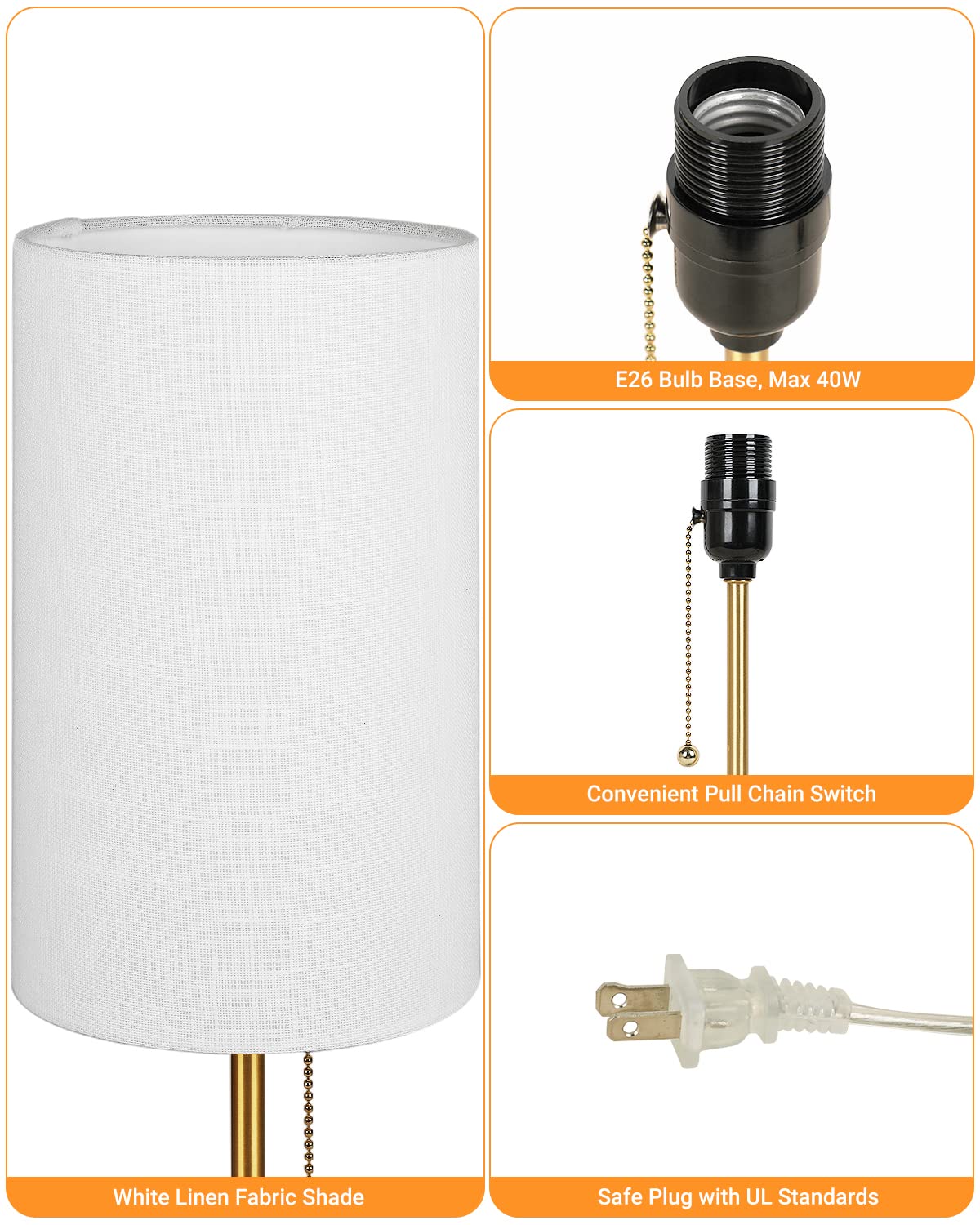 Junnai Small Table Lamp, Bedroom Lamps Set Of 2, 3 Way Dimmable Bedside Lamps With Marble Base & Linen Shade &Pull Chain Nightstand Lamps 18.5 Inches Desk Lamps For Living Room(Bulbs Included)
