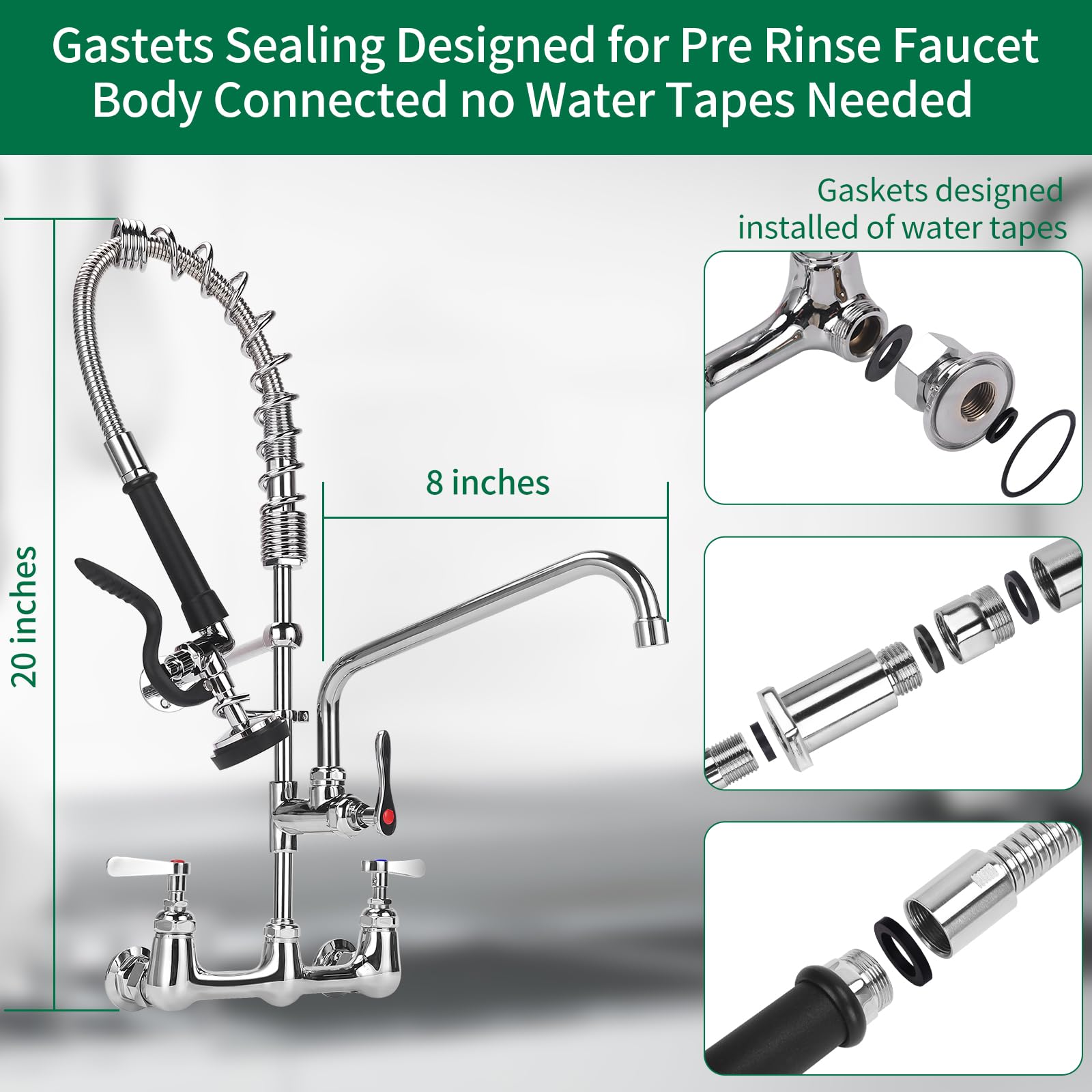 Kwode Commercial Kitchen Faucet Wall Mount With Pre Rinse Sprayer, 25” Height 8” Adjustable Center Wall Mount Restaurant Sink Faucet With 12” Swivel Add-On Spout And Pull Down Sprayer