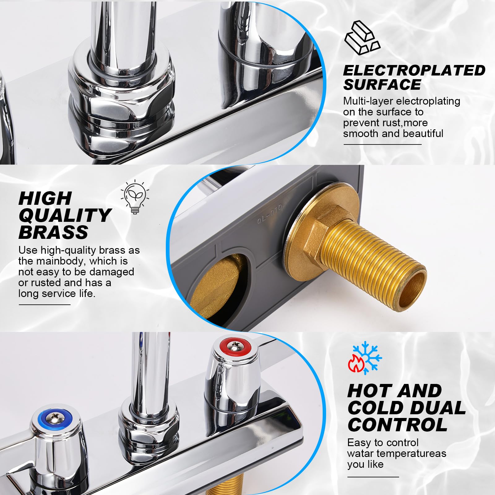 Bietor Commercial Bar Sink Faucet,4 Inch Center Deck Mount Utility Sink Faucet， 2 Hole Brass Constructed,Chrome Polished With 6" Gooseneck Spout And 90°Rotatable Dual Lever Handles.