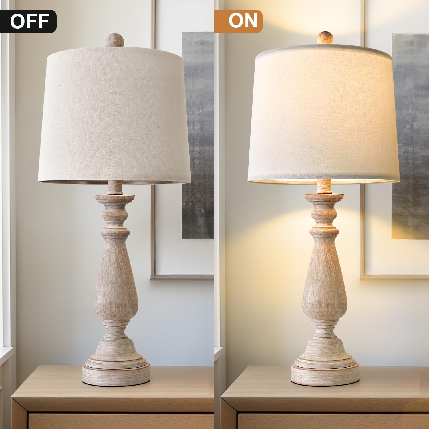 Portres 24.5" Mid Century Single Table Lamp For Living Room Farmhouse Linen Bedside Lamps For Bedroom Kids Room Dorm Office Rustic Lamps For End Table Nigntstand Resin