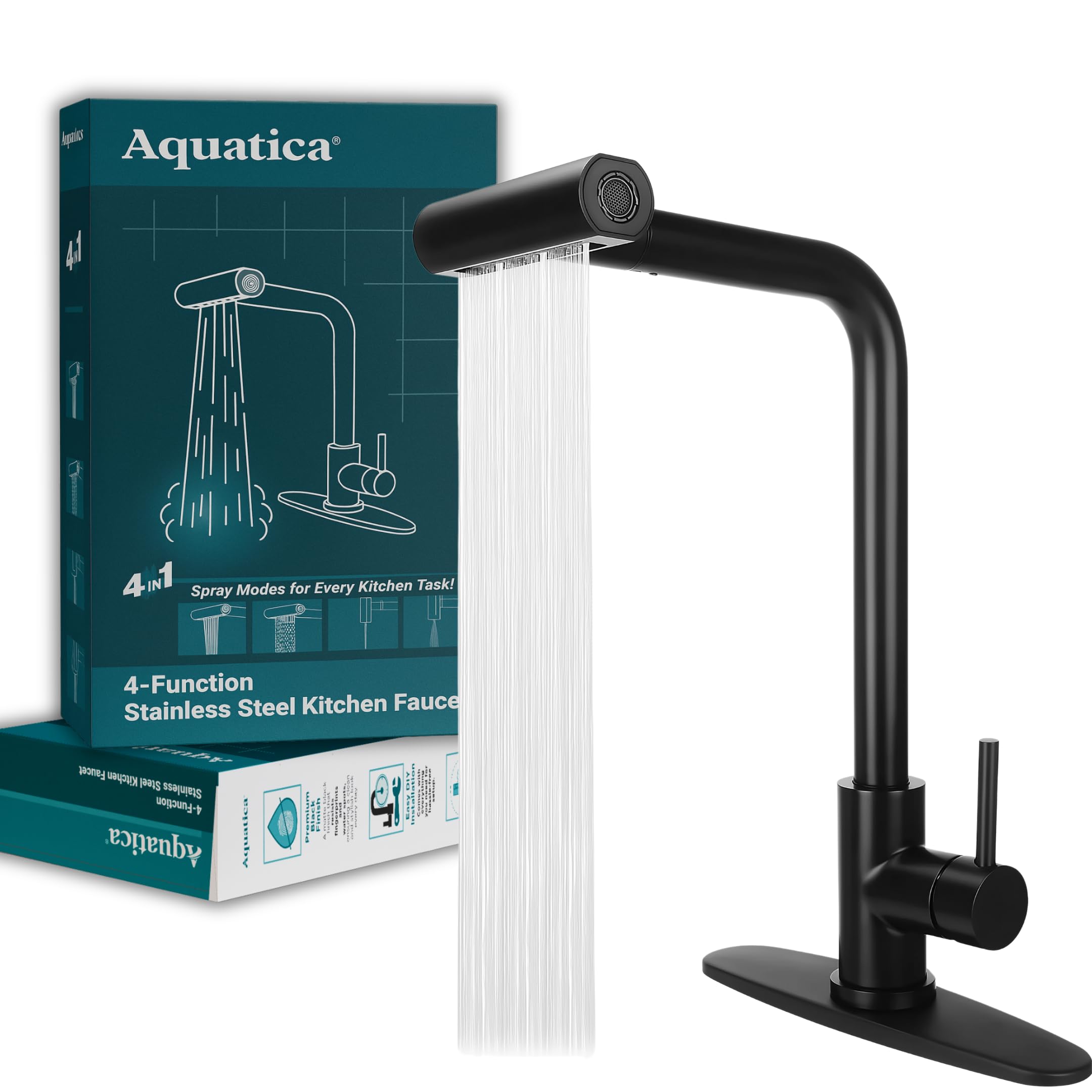 Aquatica Waterfall Faucet For Kitchen Sink – Matte Black, Pull Down Sprayer With 4 Spray Modes, Stainless Steel Single Handle, High Arc 360° Swivel – Modern Kitchen Faucet For Home & Commercial Use