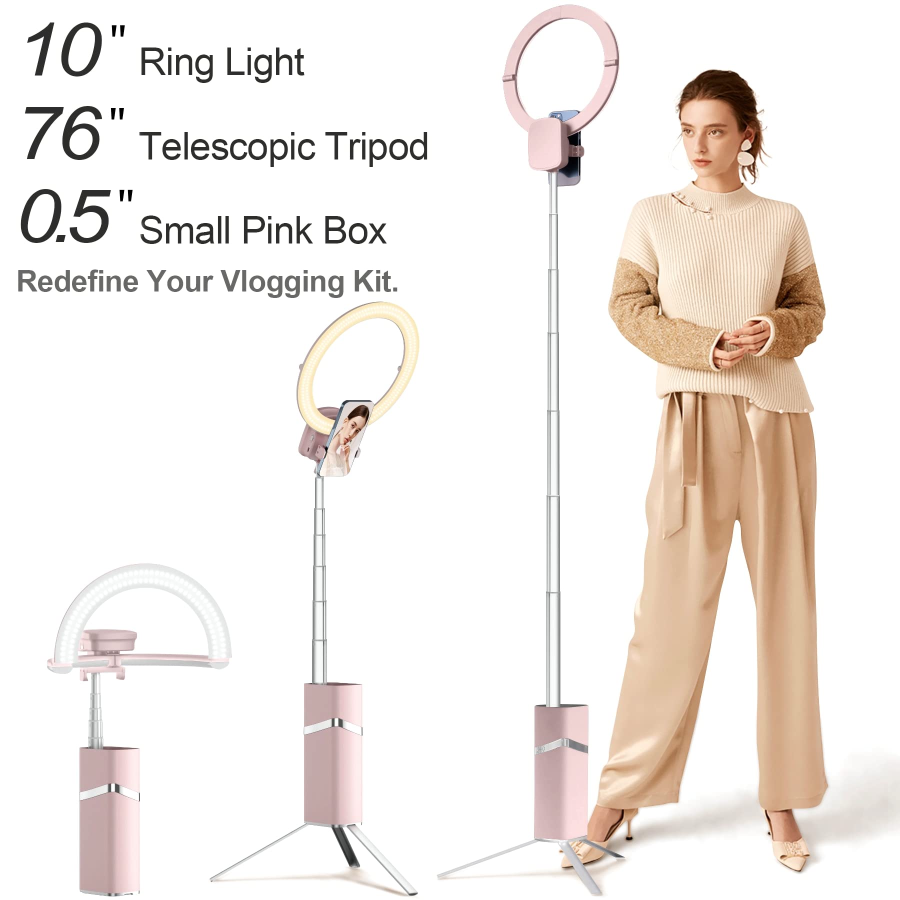 Iyesku 10" Selfie Ring Light With 76" Tripod Stand And Phone Holder, Portable Travel Led Tripod Ring Light Ringlights With Stand Cordless For Iphone Tiktok Makeup Video Recording, Pink