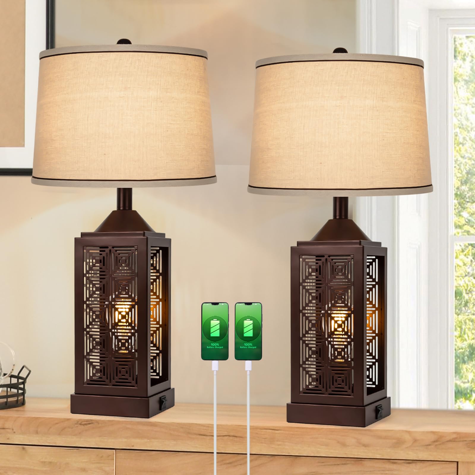 Roravilila Brown Bedroom Lamps With Dual Usb Ports Set Of 2, Farmhouse Living Room Table Lamps With Up&Down Lights For Bedside Night Stand, 25” Oil Rubbed Bronze