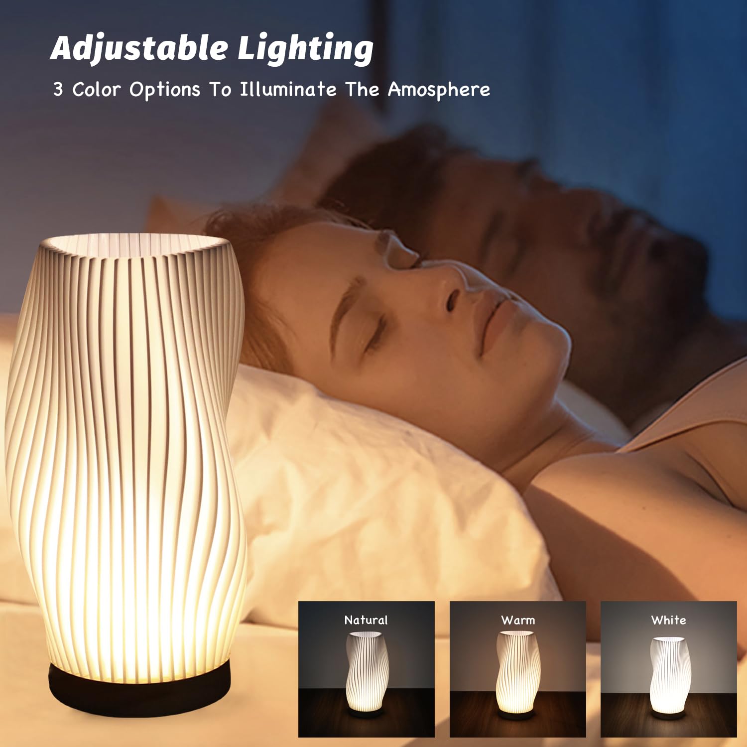 Wxrhiyer Bedroom Table Lamp With Wooden Base - Adjustable 3 Light Modes,3D Printed Lampshade Modern Nightstand Lamp,Suitable For Living Room,Desk (Curve)