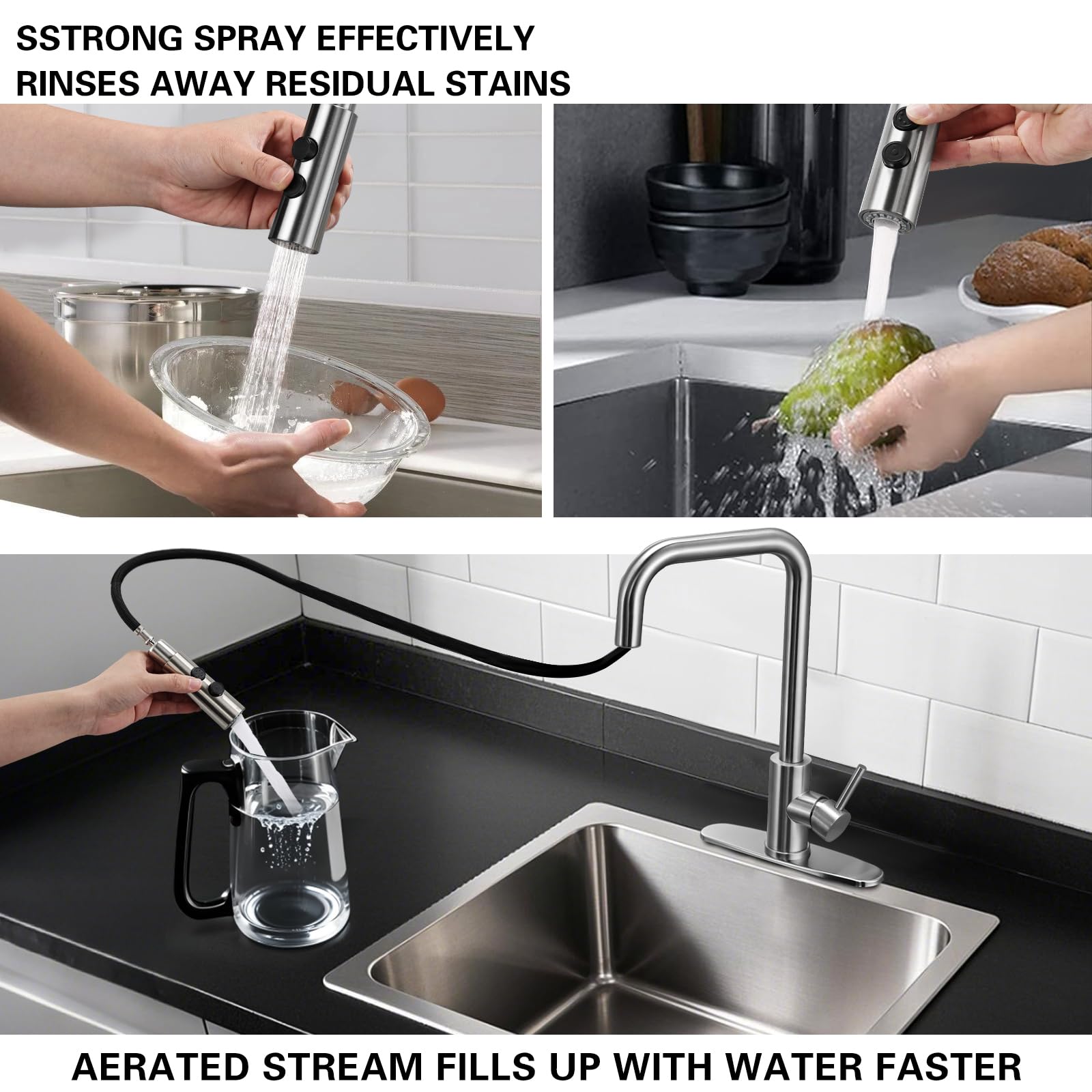 Peppermint Kitchen Faucet With Pull Down Sprayer And Soap Dispenser, Stainless Steel Brushed Nickel Low Pull Out Faucets For Kitchen Sink Soap Dispenser