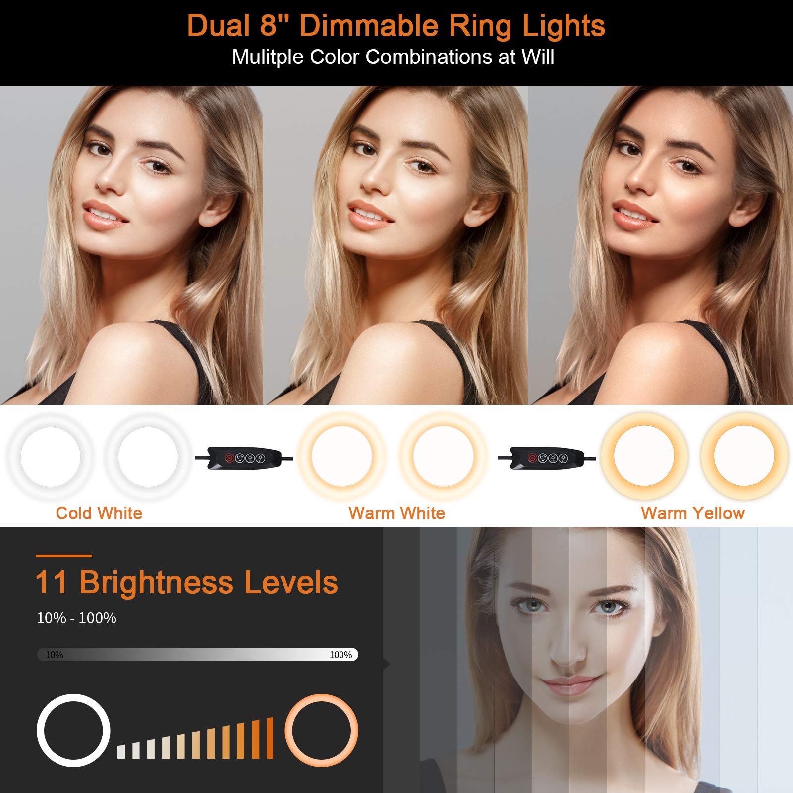 Xeneo 8'' Dual Ring Light With Tripod Stand & 2 Phone Holders For Double Brightness, Led Selfie Ring Light With Remote Shutter For Live Stream/Youtube/Video Recording/Makeup/Vlogging, Up To 5.9Ft Tall