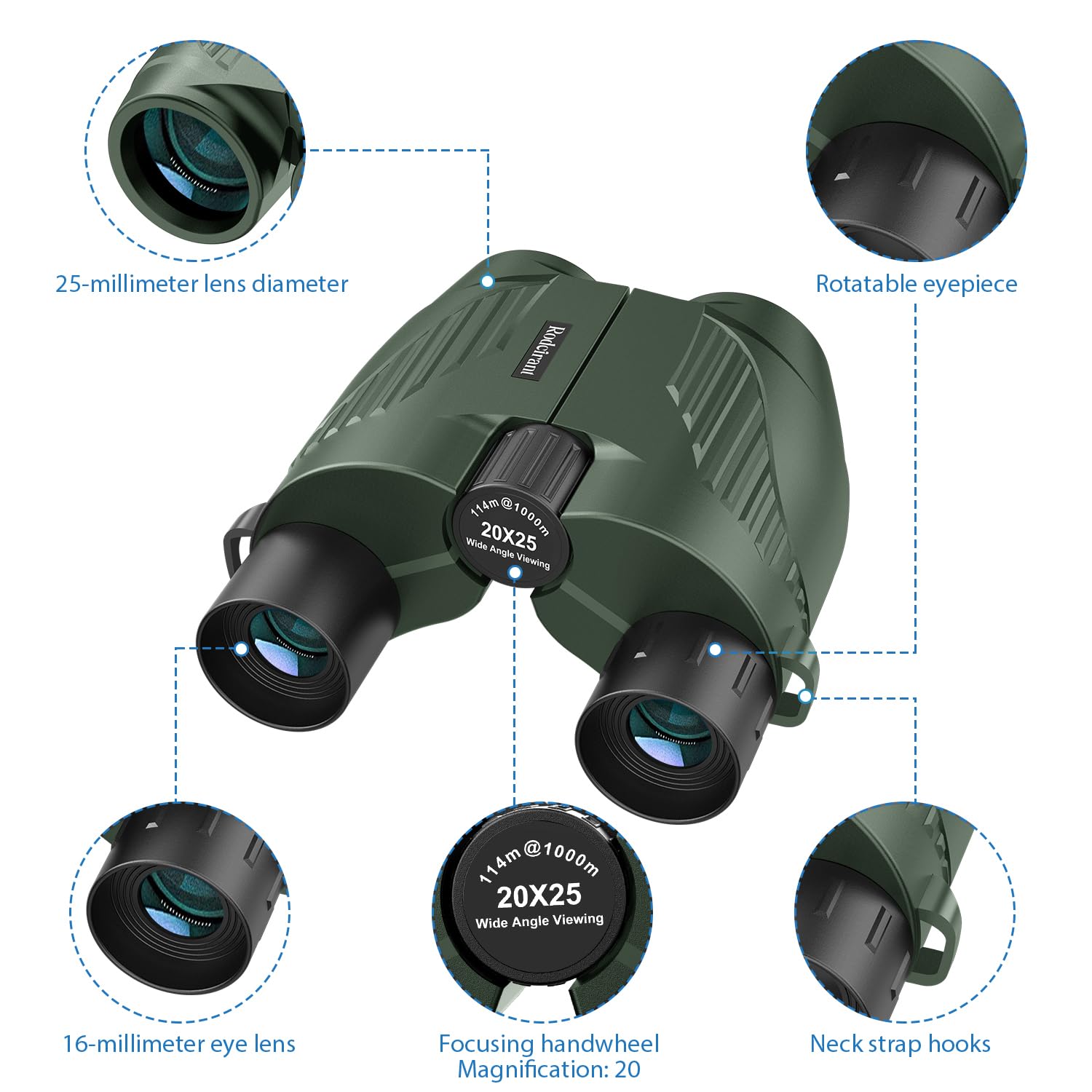Bedeny Binoculars 20X25 For Adults And Kids, High Power Easy Focus With Low Light Vision, Compact For Bird Watching And Travel, Green