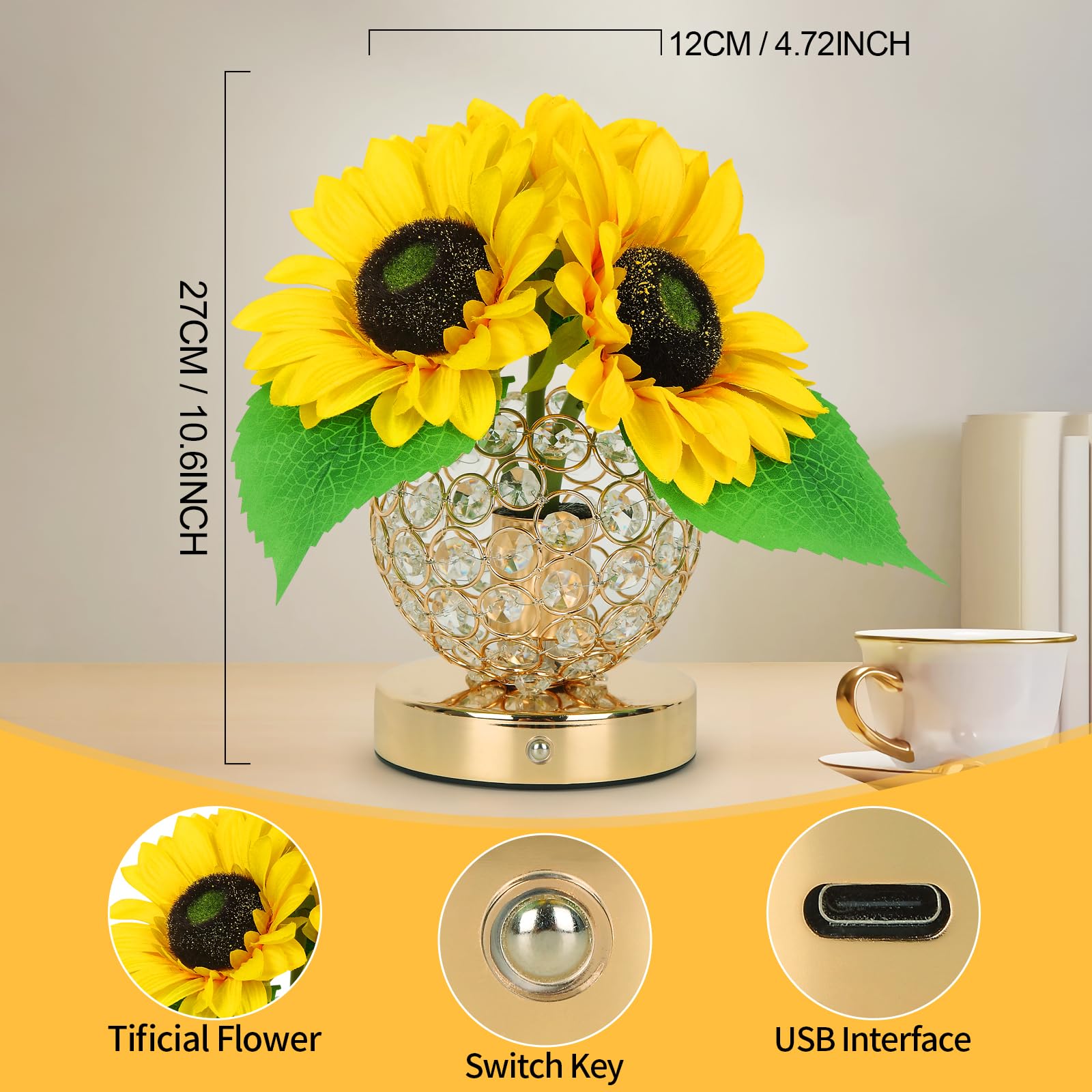 Lhydaooq Sunflowers Flower Lamp, Rechargeable Cordless Small Table Lamp 3 Colors Dimmable Touch Lamp Flower Table Lamp For Bedroom Living Room Decor Sunflower For Women Birthday Christmas Day (Crystal)