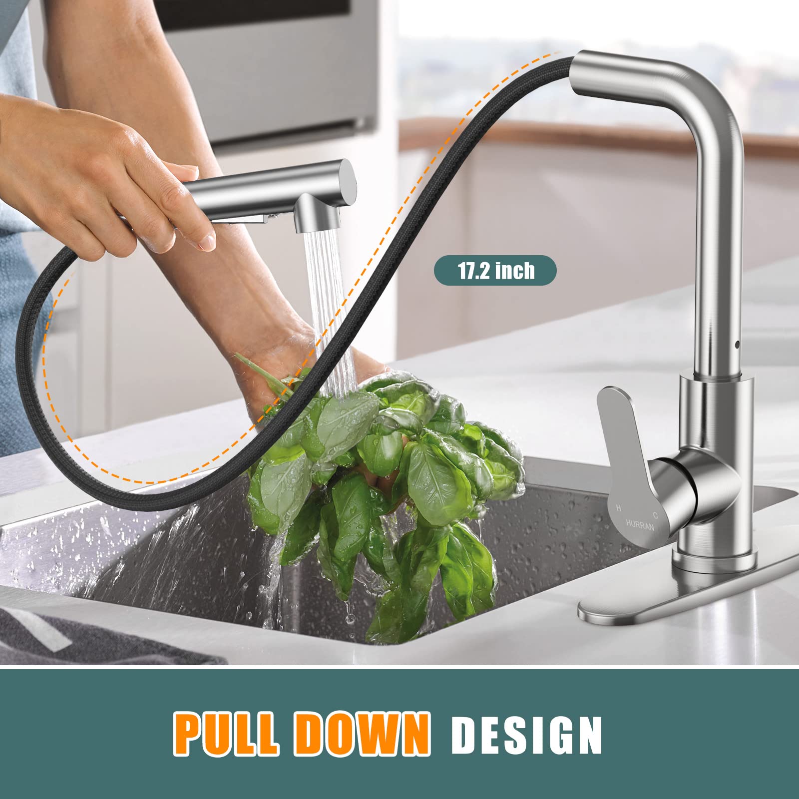 Hurran Kitchen Faucets, Brushed Nickel Kitchen Faucet With Pull Down Sprayer And Deck Plate, Stainless Steel Commercial Utility Kitchen Faucets For Sink 3 Hole For Bar Rv Camper Laundry Outdoor Farmhouse