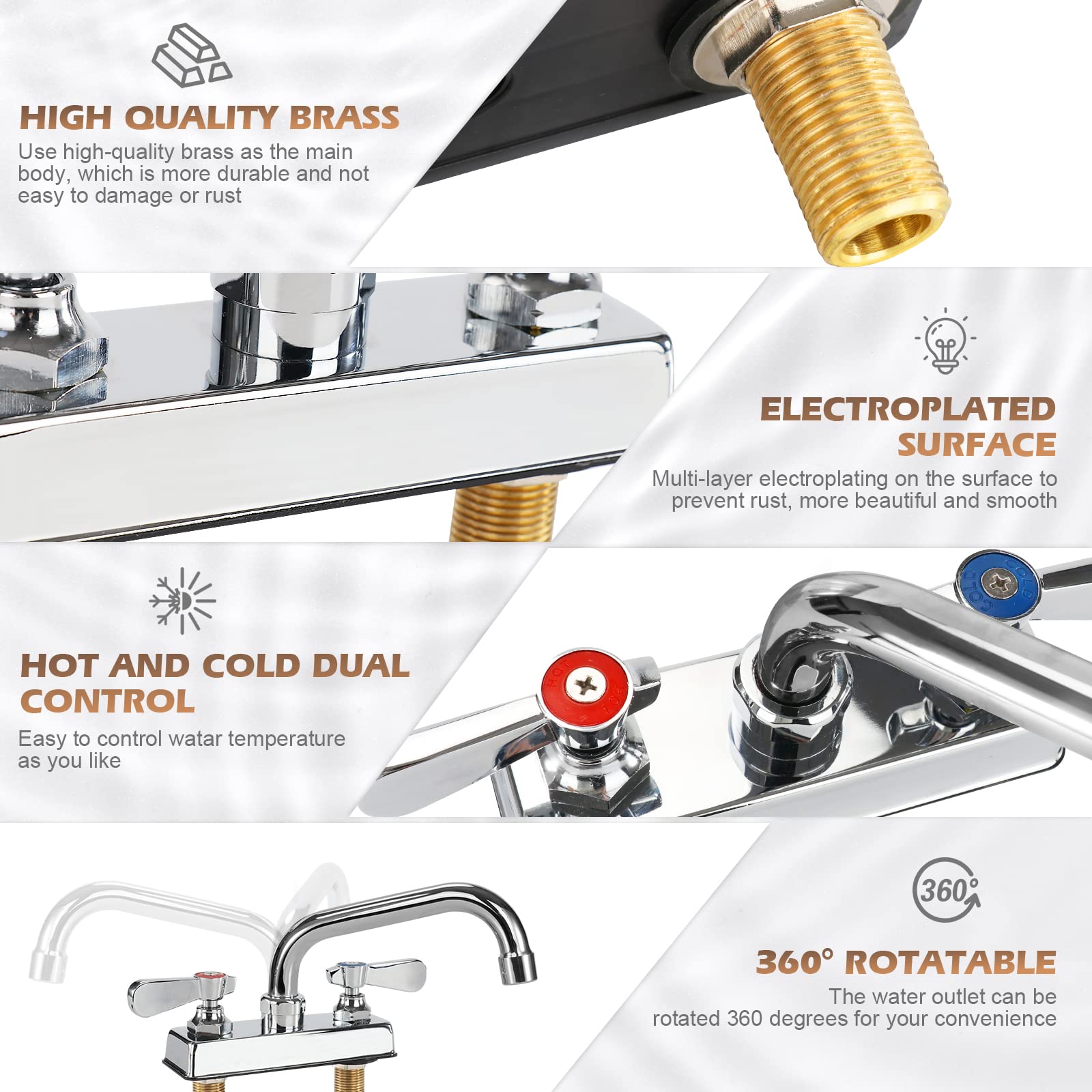 Zkdausdo Commercial Bar Sink Faucet 12" Swivel Spout, Utility Laundry Sink Faucet 4" Center Deck Mount With Ceramic Valve, Leak- Brass Constructed For Large Sink In Kitchen, Laundry Room, Garage
