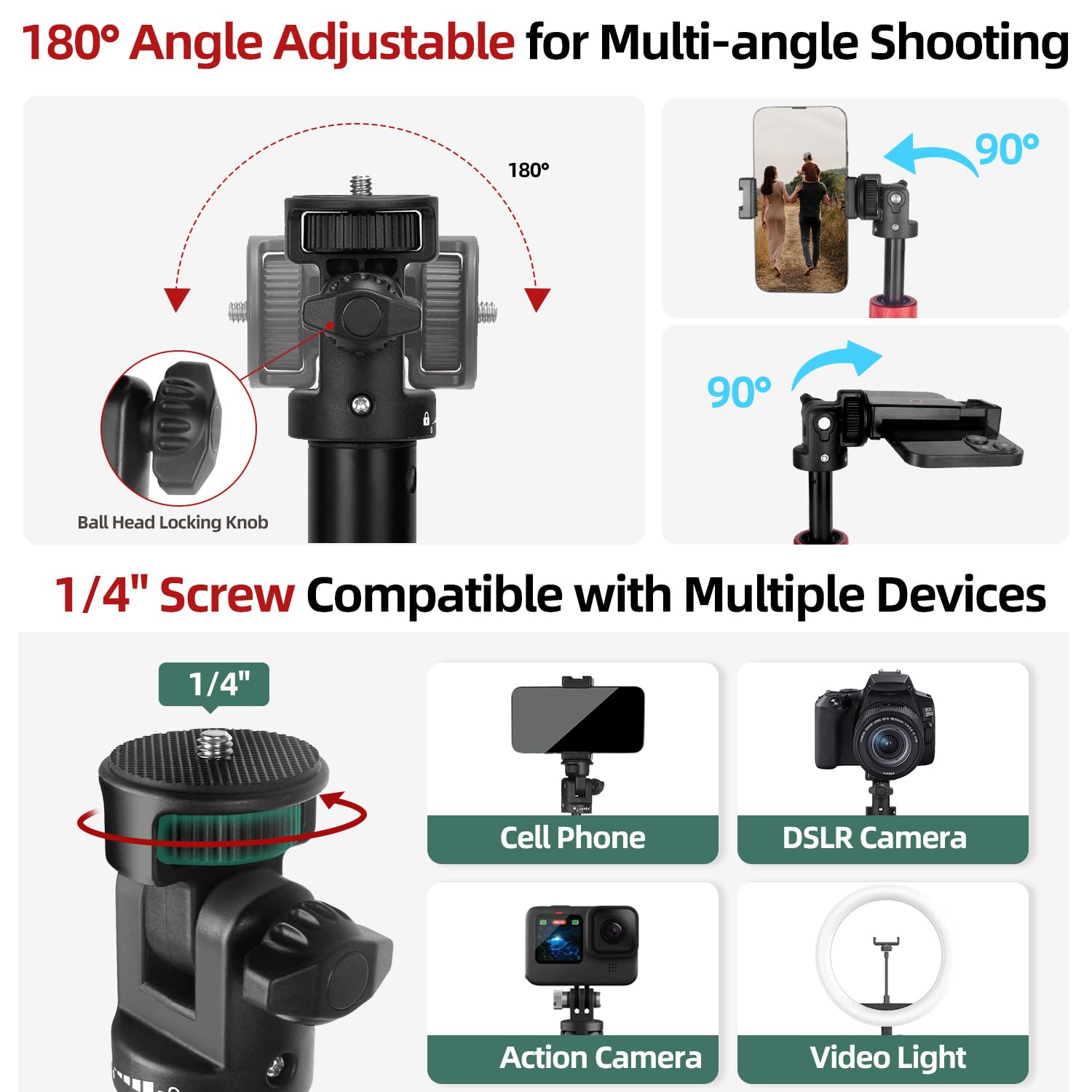 Jebutu Extendable Tripod Aluminum, Portable Adjustable Light Stand With 1/4" Screw Phone Holder & Remote, Ball Head Camera Phone Tripod For Camera Iphone Video Light Smartphone, Lightweight For Travel