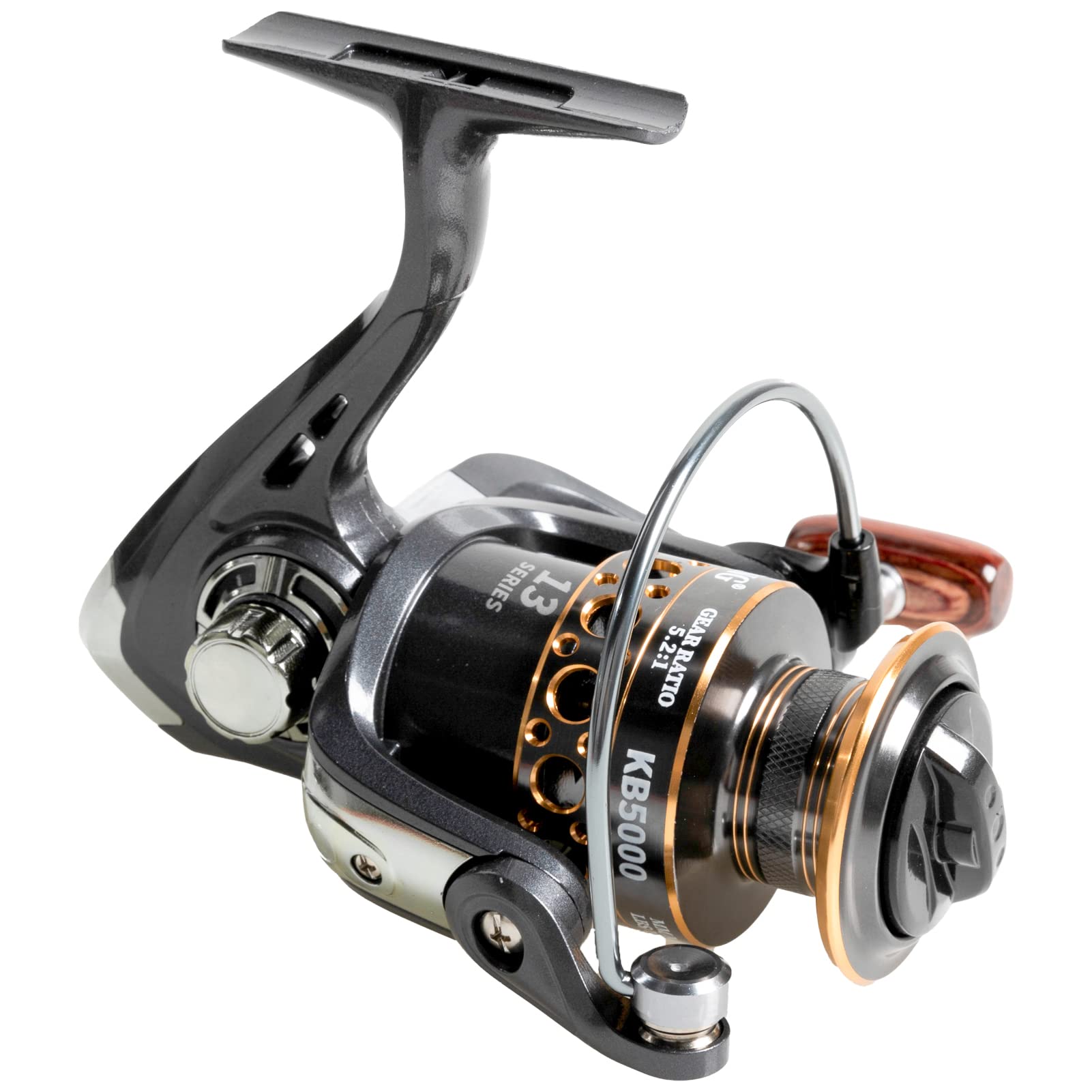 Khui-Uah Kuifa Spinning Fishing Reels With Left/Right Interchangeable Collapsible Wood Handle Powerful Metal Body 5.2:1 Gear Ratio Smooth 13Bb Cnc Aluminum Spool For Saltwater Freshwater (5000)