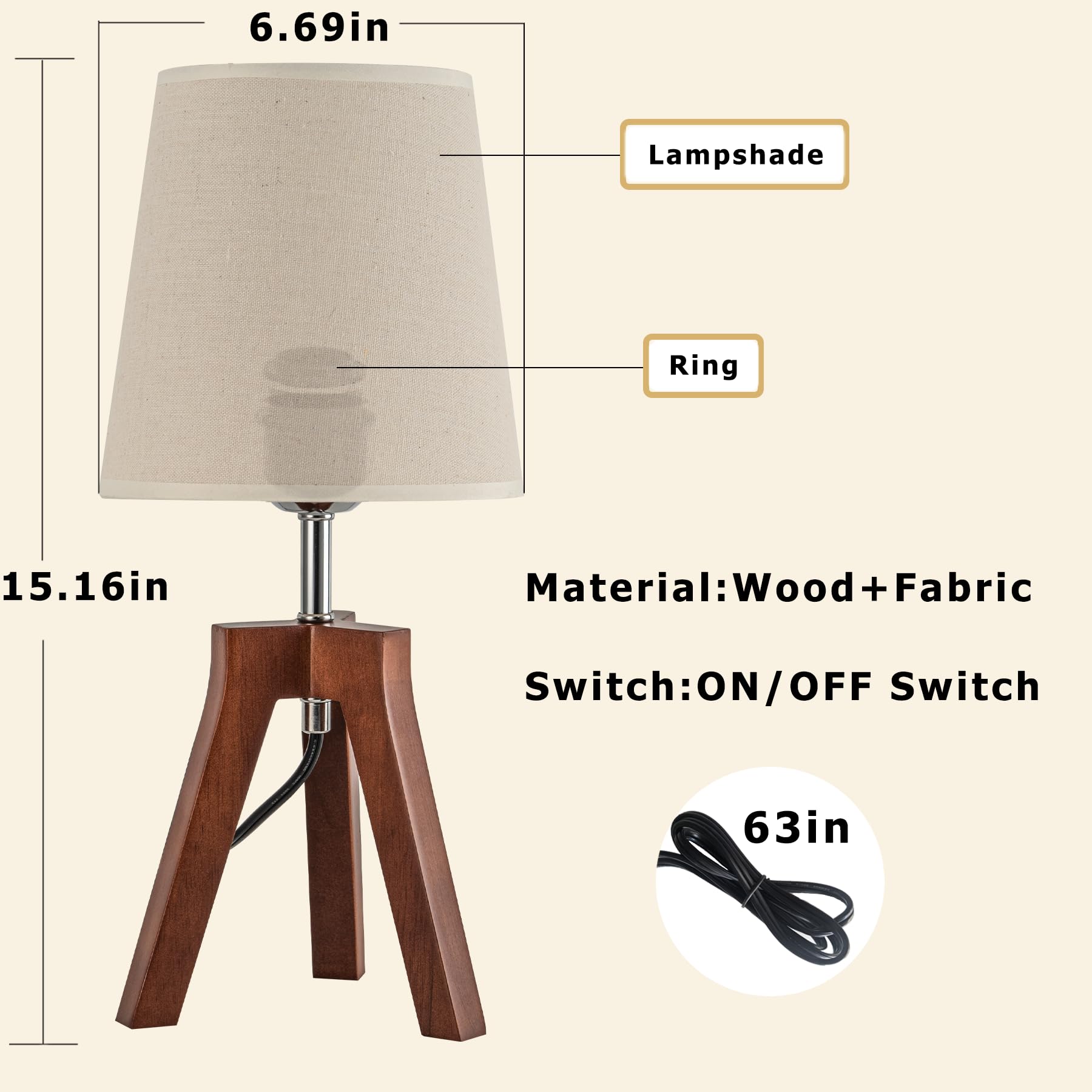 Dreamholder Wood Bedside Table Lamp, Tripod Desk Lamp With On-Off Switch, Nightstand Lamp With Fabric Shade For Reading, Bedroom, Living Room, Office, Walnut Base With Linen Shade(Without Bulb)