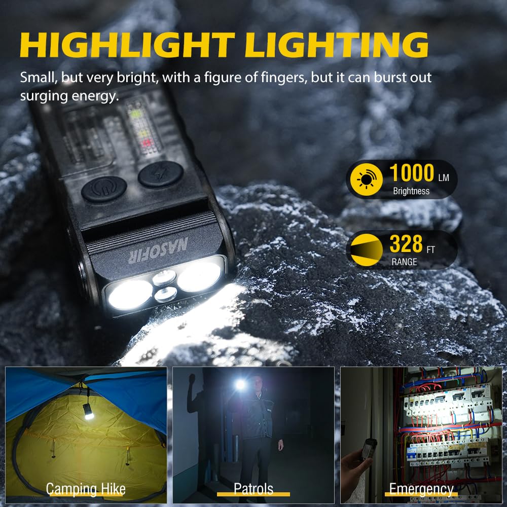 Nasofir V20 Small Powerful Edc Flashlight, High Lumens 1000 Lm Usb C Rechargeable Mini Led Keychain Pocket Led Flash Light With Clip, Cob Side Light, Magnetic Base & Beeping Alarm - 14 Modes, Ip67