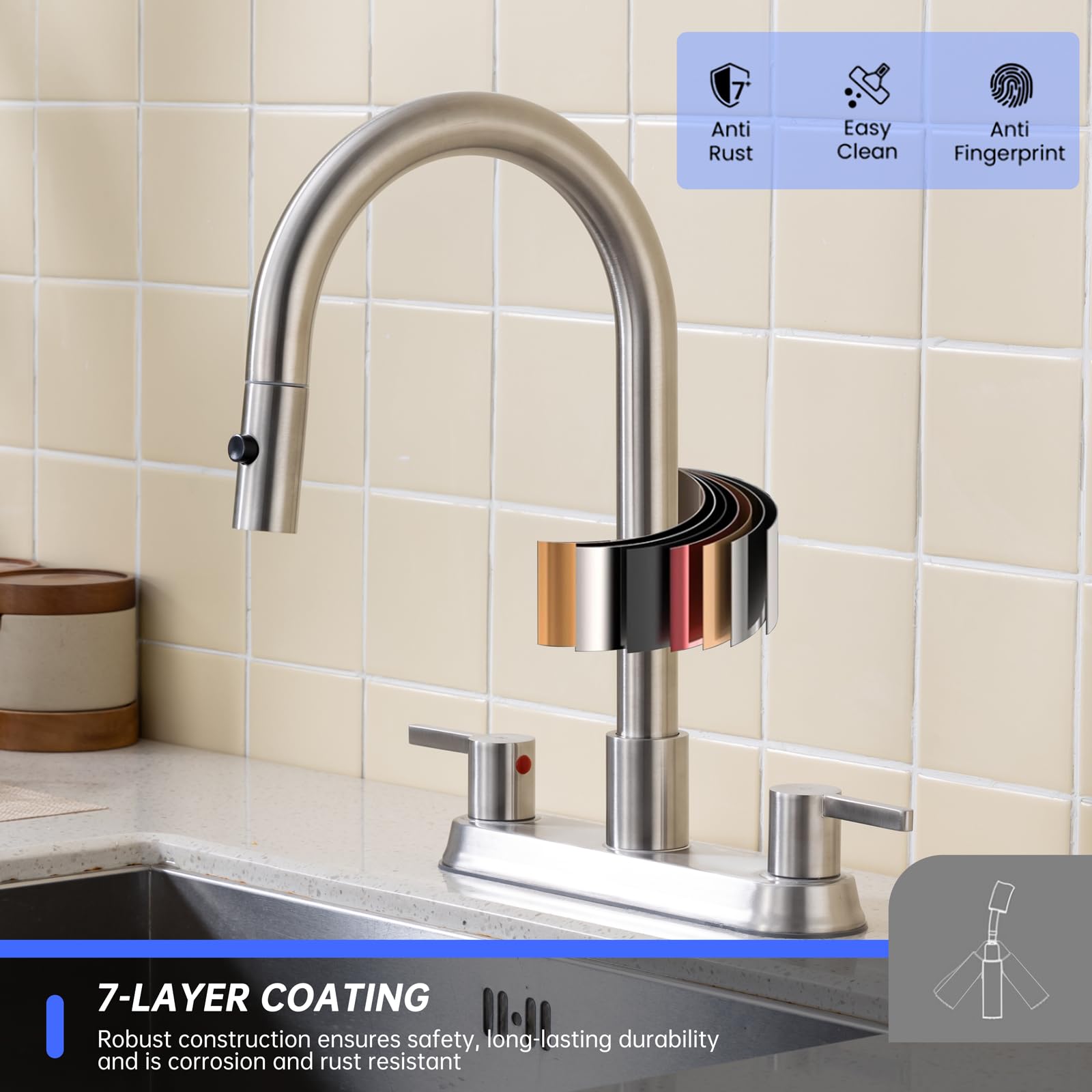 Heouty 2 Handle Kitchen Faucet With Pull Down Sprayer, Brushed Nickel Kitchen Sink Faucet For 3 Hole 8 Inch, 360 Degree Swivel Spout With Dual Function, Bathroom Kitchen Rv Sink