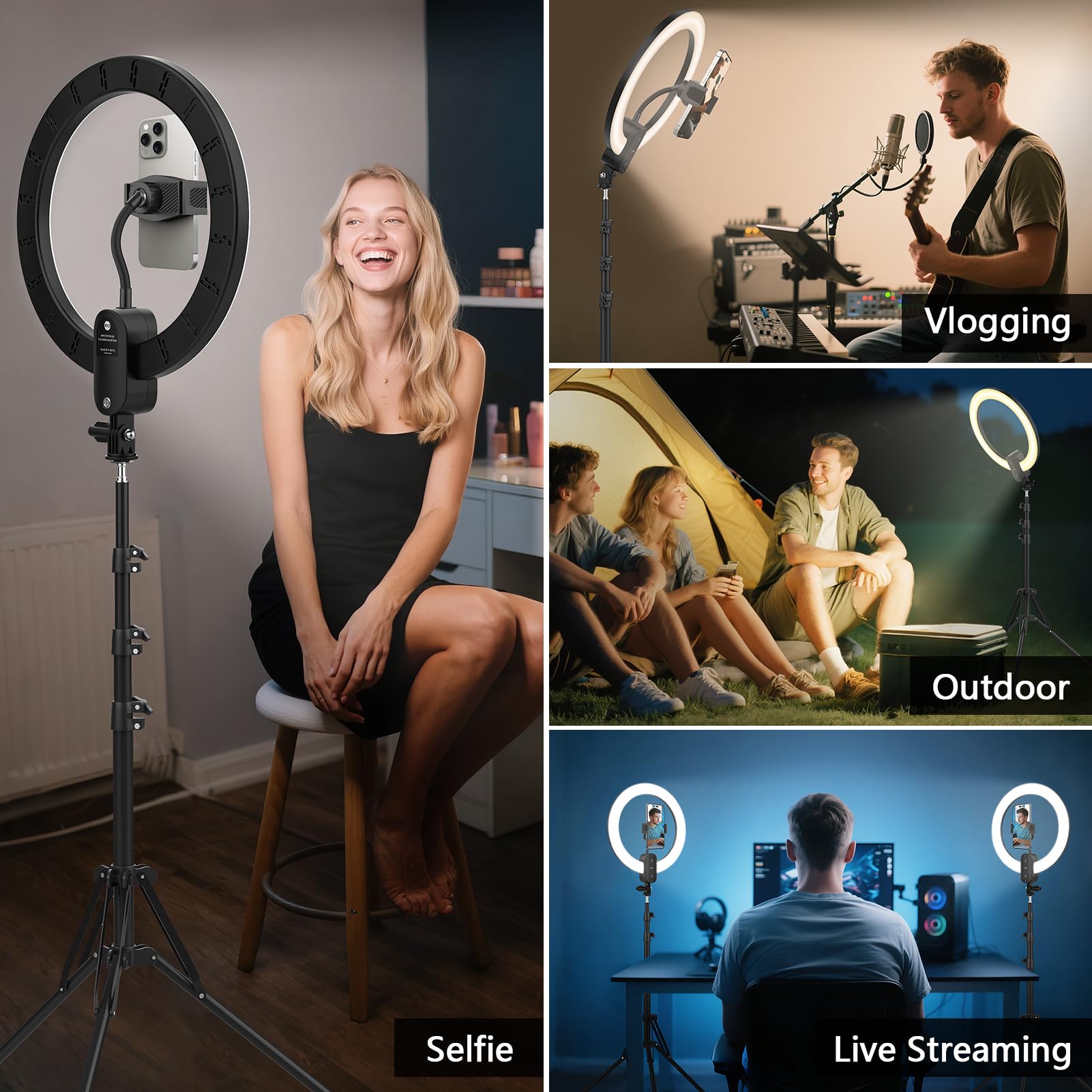 Qeuooiy 12" Selfie Ring Light With 63" Tripod Stand/Phone Holder, 20W Led Circle Lights Dimmable 3000-6500K With Remote Control And Built-In Rechargeable Battery For Vlog, Makeup, Youtube, Camera