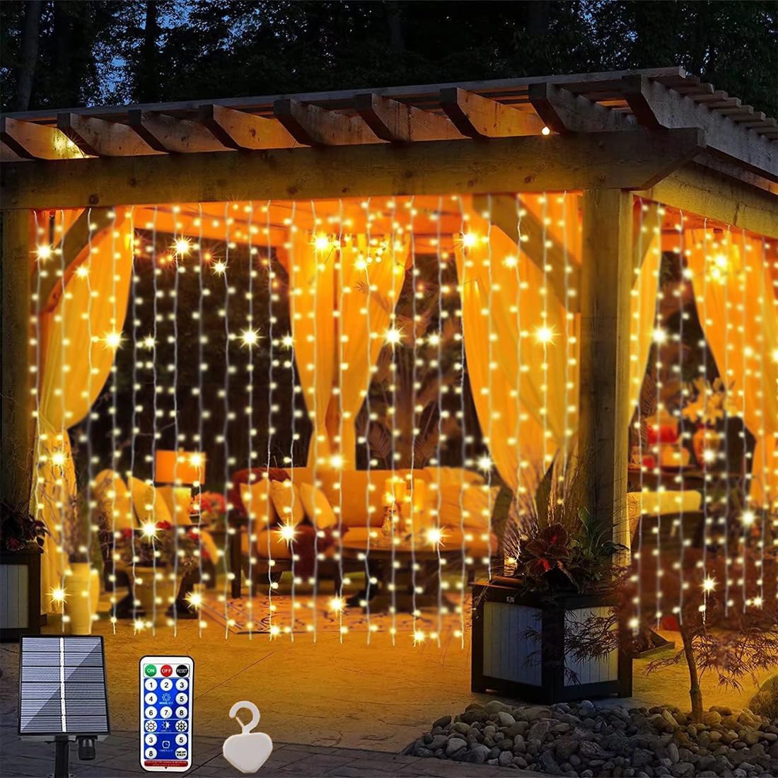 Mintssoul Solar Curtain Lights, 300 Led Outdoor Waterproof Solar Powered Waterfall String Lights For Patio Gazebo Garden With Remote Hanging Twinkle Curtain Fairy Lights For Backdrop