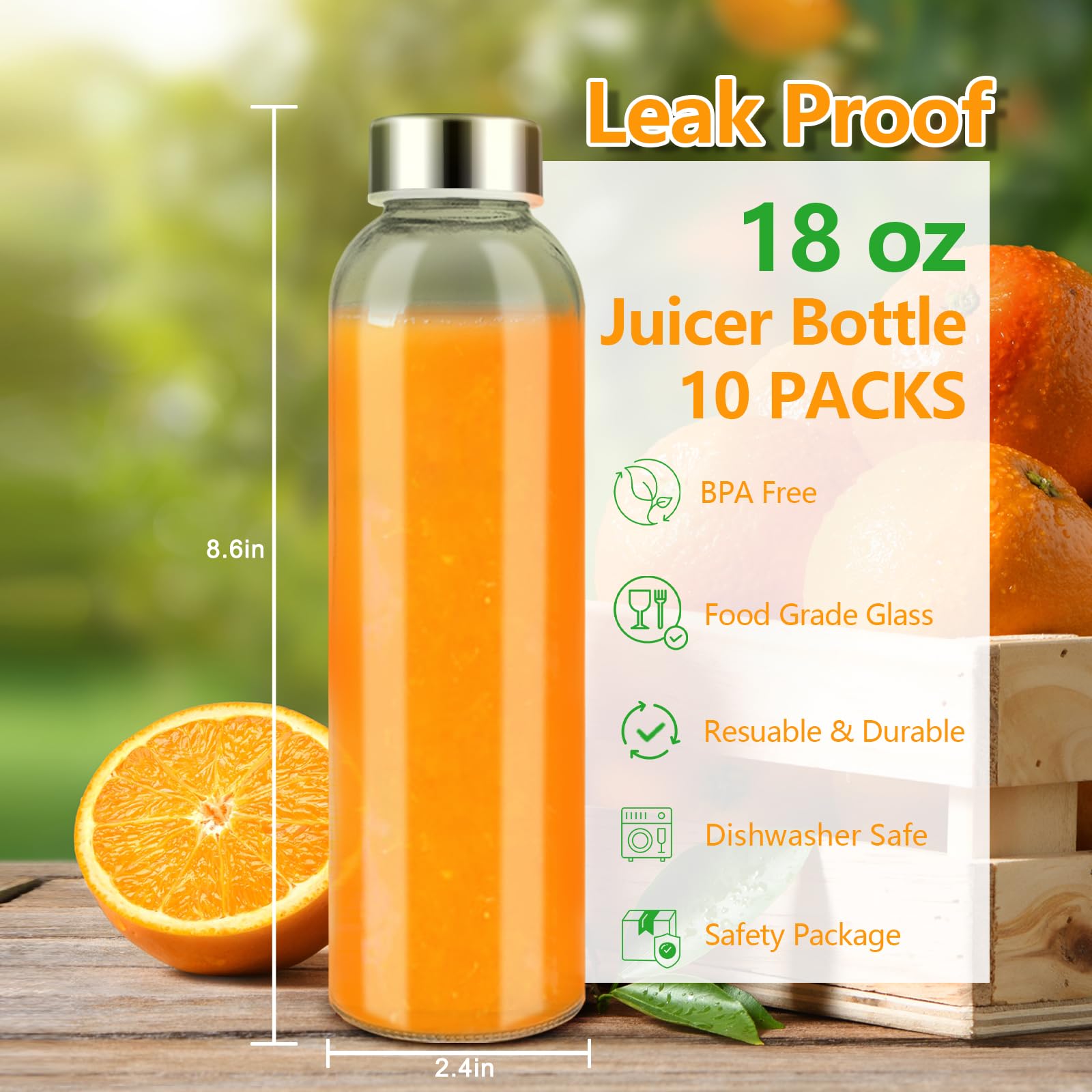 Zukro Glass Water Bottles With Lids 18 Oz, Reusable Clear Juice Bottles With Stainless Steel