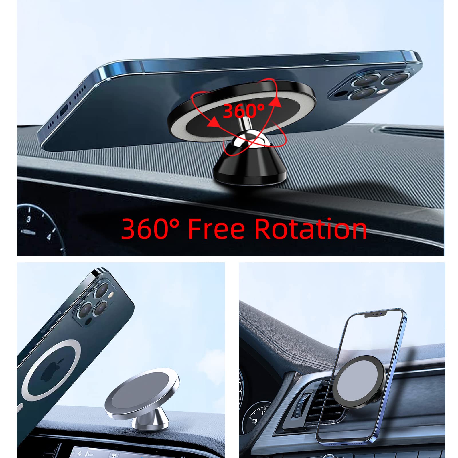 Forubar Magnetic Phone Holder For Car, [ 2 Groups Super Strong Magnet ] [ 360° Rotation ] Universal Dashboard Car Mount Holder Compatible With All Smartphones (Black)
