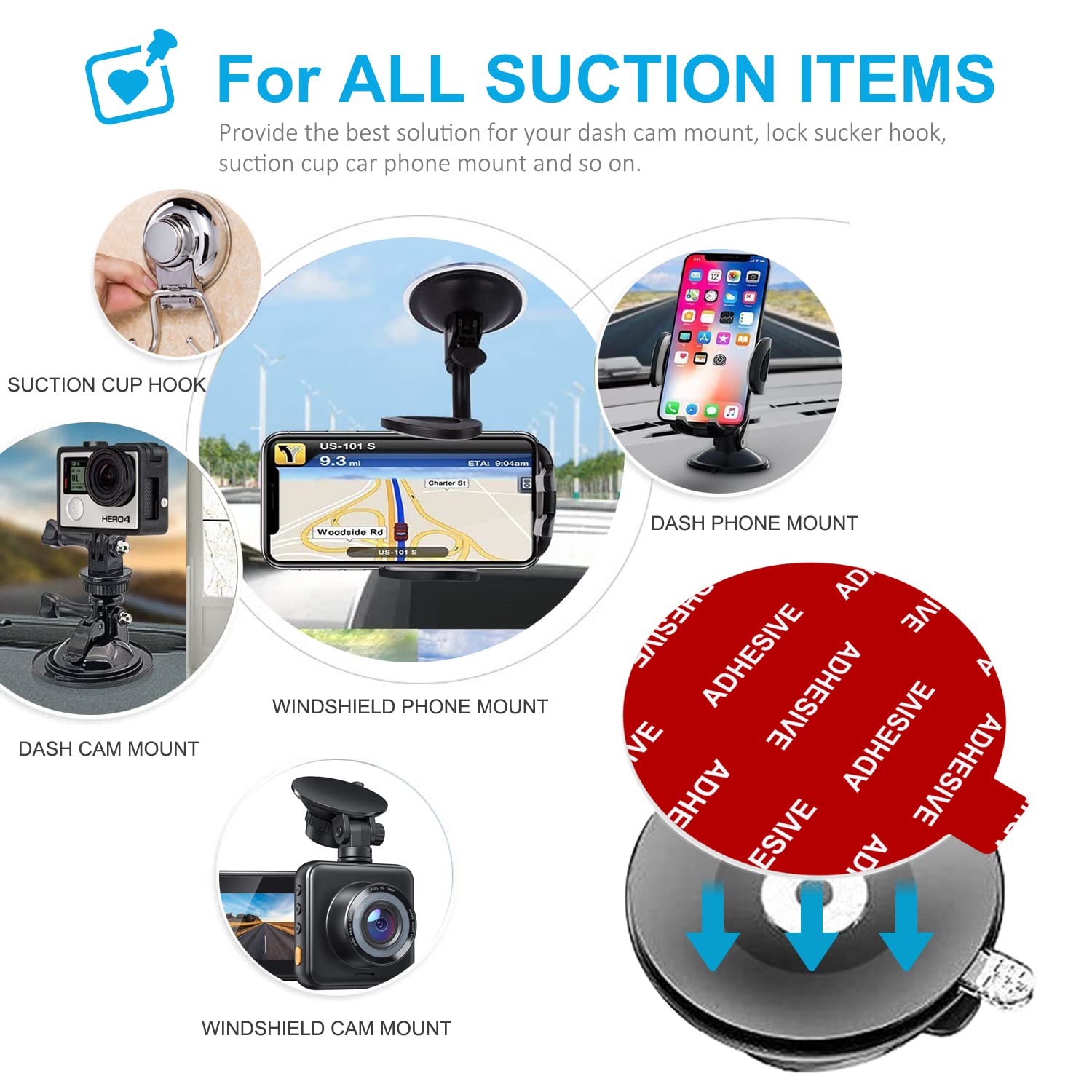 Azxyi Very High Bond Sticky Adhesive, 6 Pack Dashboard Pad Mounting Disk Adhesive Replacement Kit, Double-Sided Stickers For Suction Cup Dashboard Phone Holder & Windshield Car Mount