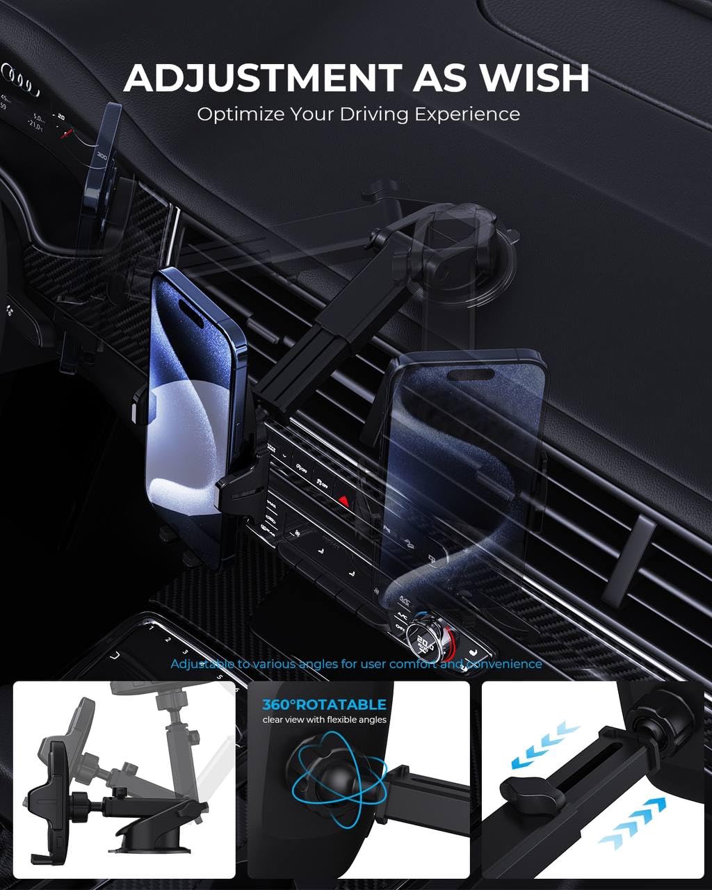 Primoov Phone Holders For Your Car  Car Phone Holders For Iphone With 360-Degree Rotation  Dashboard Cell Phone Holder  Easy Installation & Strong Grip For Safe And Convenient Driving, Black