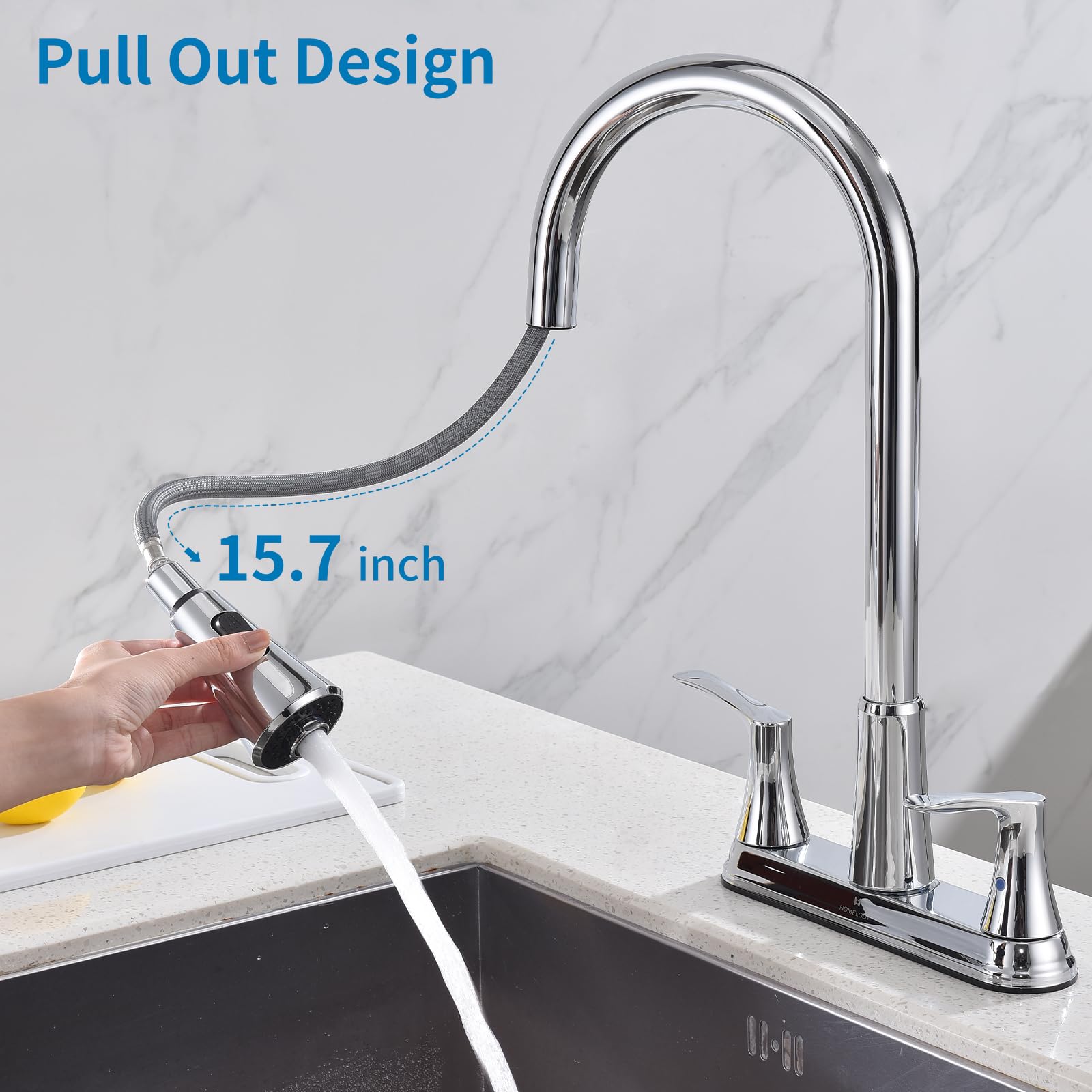Homelody 2 Handles Kitchen Faucet With Pull Down Sprayer For 3 Hole Sink, 8 Inch 360° Rotating Spout Centerset Kitchen Sink Faucet With Water Lines Chrome