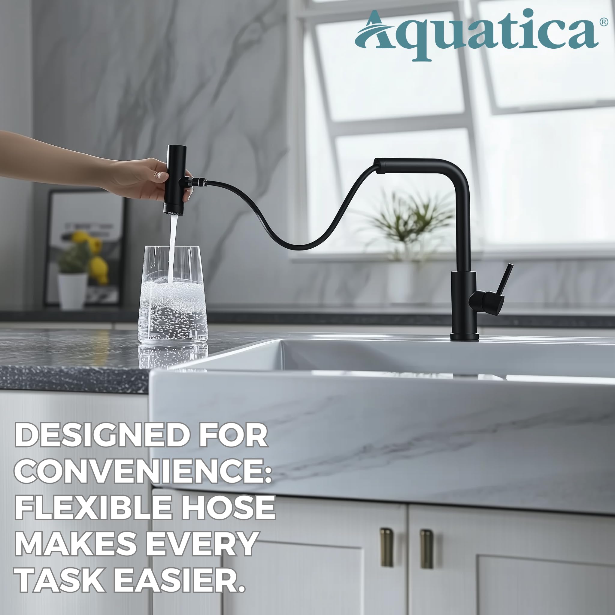Aquatica Waterfall Faucet For Kitchen Sink – Matte Black, Pull Down Sprayer With 4 Spray Modes, Stainless Steel Single Handle, High Arc 360° Swivel – Modern Kitchen Faucet For Home & Commercial Use