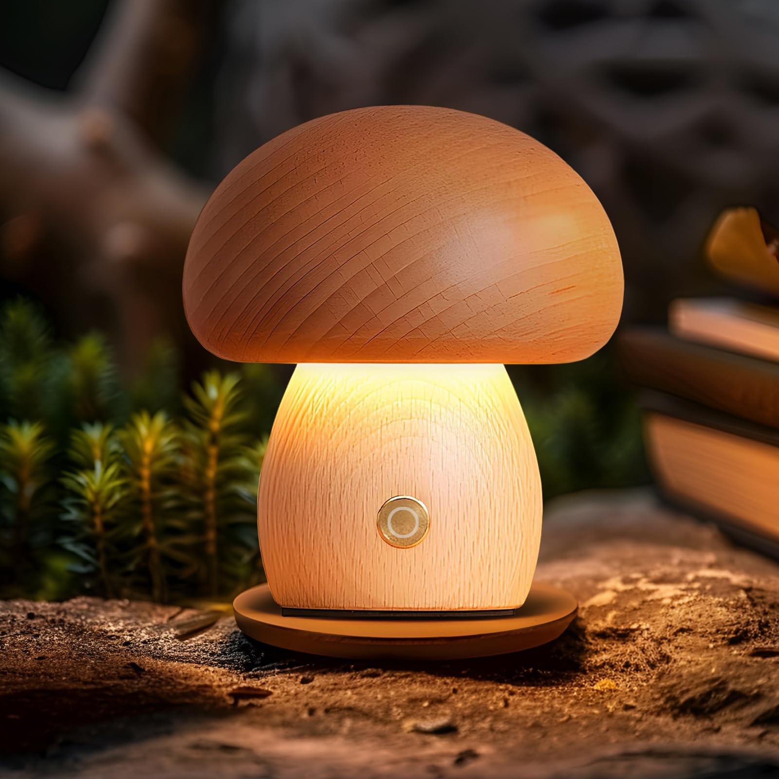 Lonrisway Wooden Mushroom Lamp, Portable Cordless Rechargeable Battery Operated Lamp,Stepless Dimming, Night Light For Birthday