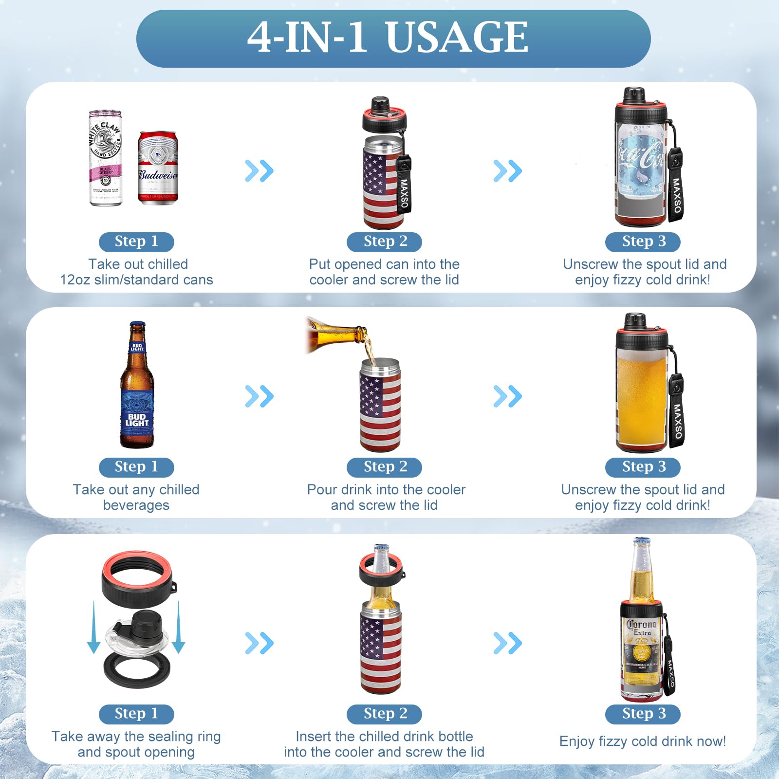 Maxso Sealed Can Cooler Fizz Lid Can Cover For 12 Oz Regular, Slim Skinny Cans & As Thermal Bottle