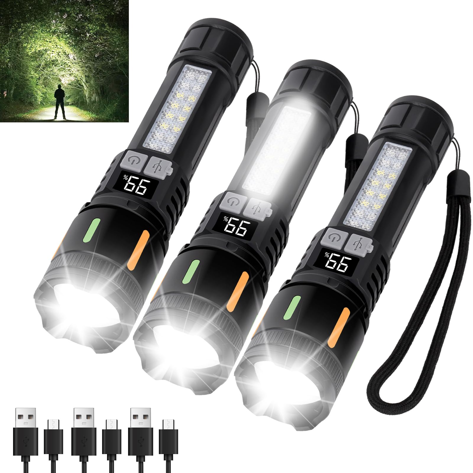 Ewenele Flashlights High Lumens Rechargeable 3 Packs, 990,000 Lumen Led Flashlight Battery Powered With 5 Light Modes, Side Light, Usb C, Waterproof, Zoomable, Blue & Red Strobe, Handheld Flash Lights