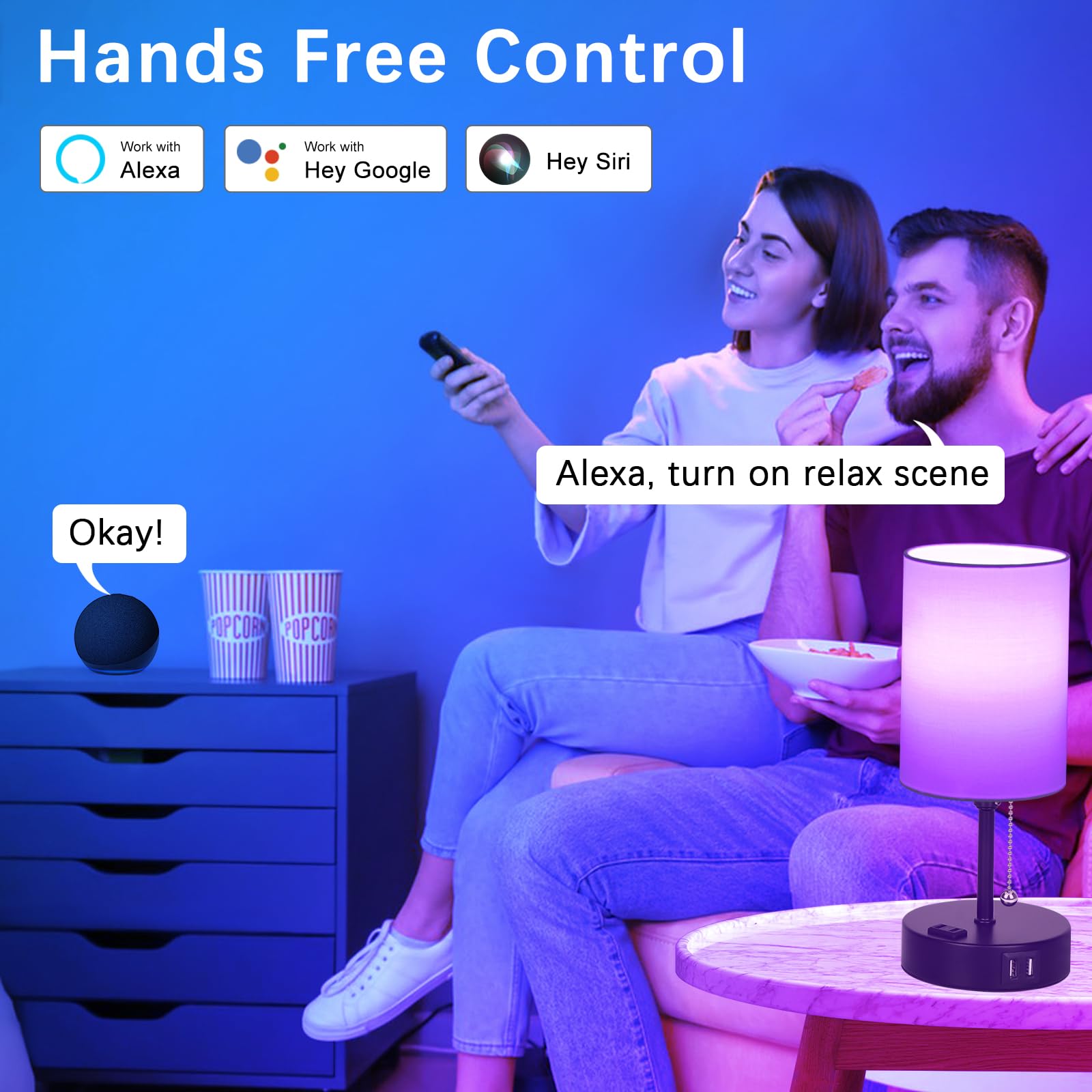 Abboraunt Rgb Smart Bedside Lamp For Bedroom Nightstand Lamp With 2 Usb Port And Outlet, Color Changing Bed Table Lamp With Voice & App Control & Music Sync, Night Stand Wifi Rgb Led Bulb Included