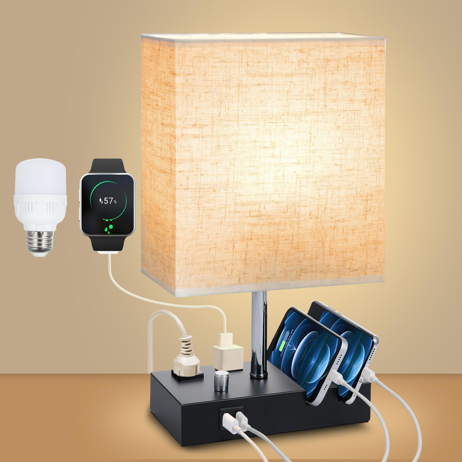 Lixada Nightstand Lamp For Bedroom With Usb A + C Ports, Small Bedside Table Lamp With Charging Outlets And Phone Stands, 3 Color Temperatures Night Stand Light With Bulb For Living Room