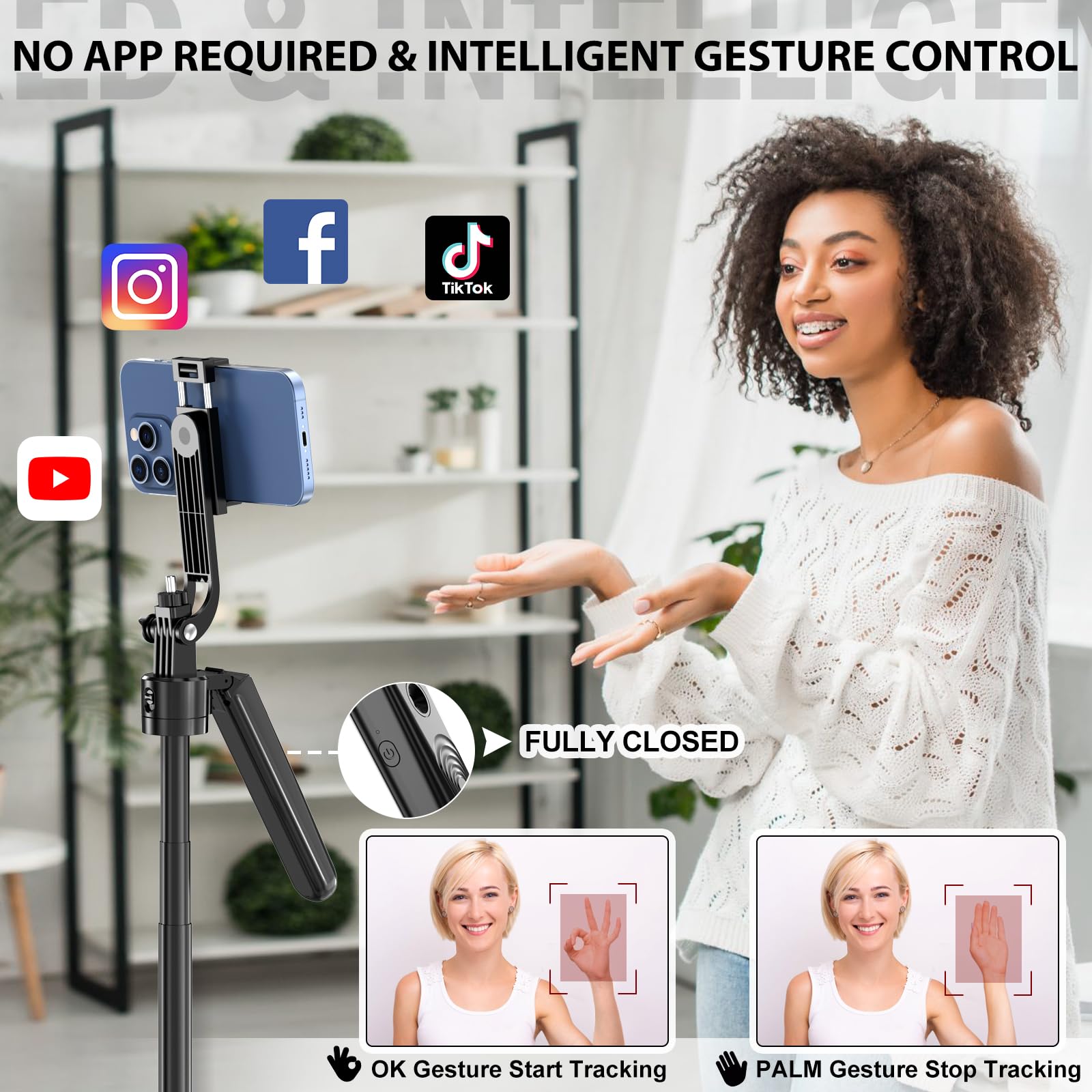 Zarcaco 70-Inch Auto Face Tracking Tripod 360 Rotation With Stand,Android And Iphone Tripod Holder With Remote And Gesture Control, Built-In Tracking Camera Selfie Stick For Vlog Video Recording Tiktok