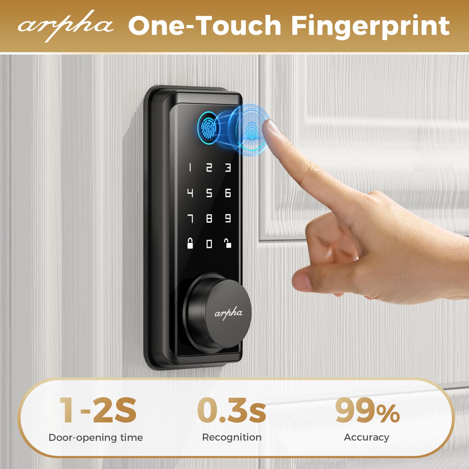 Arpha Fingerprint Keyless Entry Door Lock - 100 Code Electronic Keypad Deadbolt Lock - Smart Door Locks For Front Door - 16 Anti-Peeking Passwords App Remote Control - One Time Code - Zinc Alloy